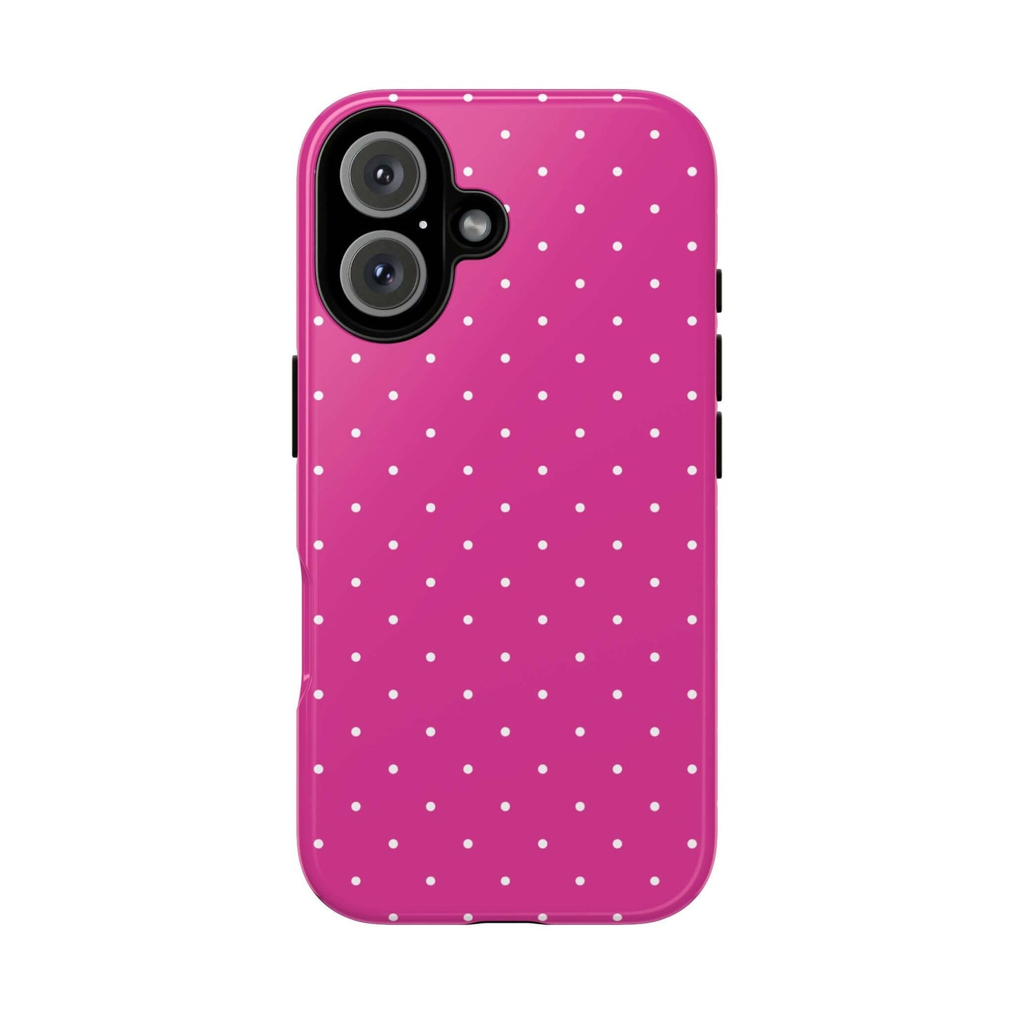 Fuchsia pink polka dot iPhone case for women, stylish and protective with slim design and white polka dots, back view.