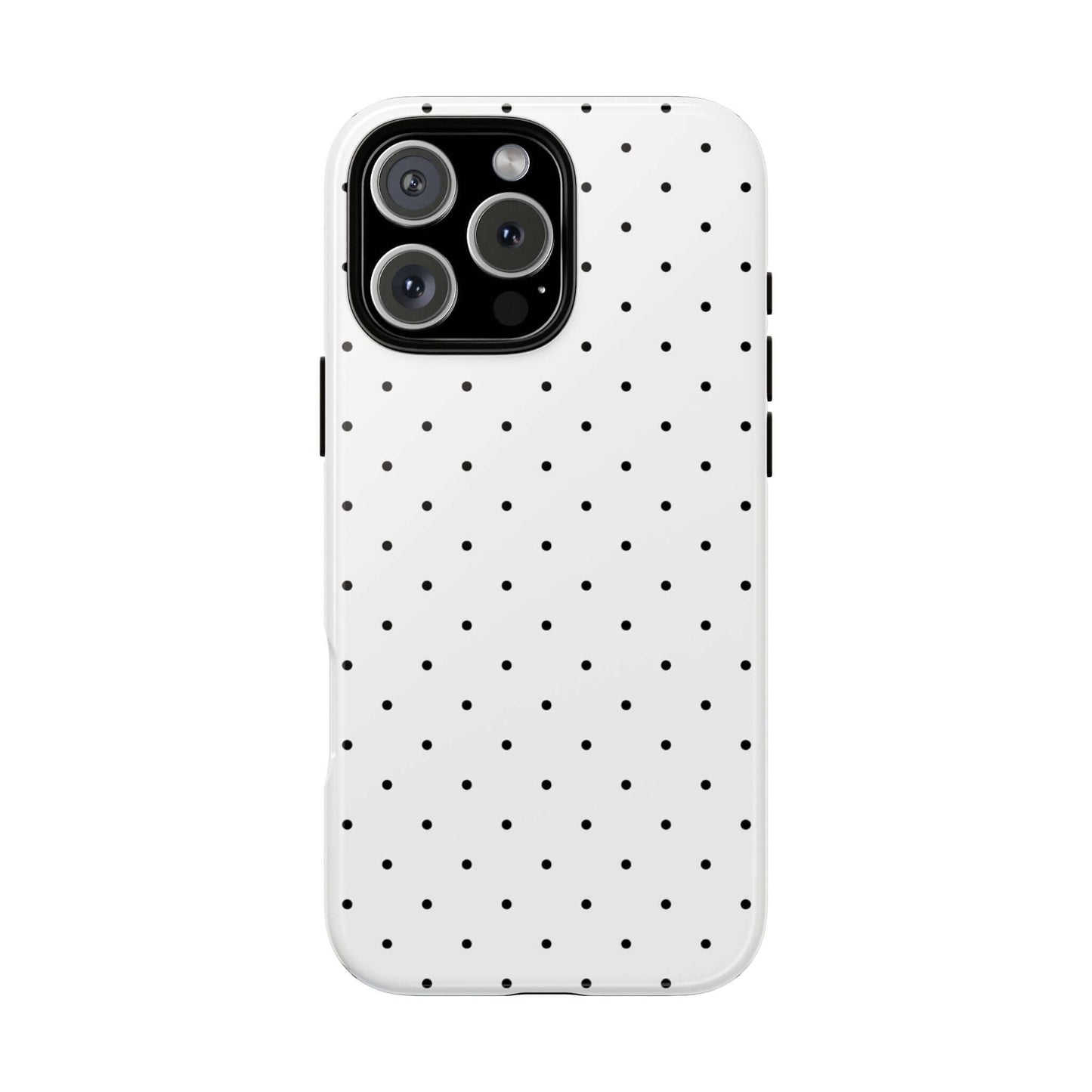 Minimalist polka dot iPhone case in black and white, featuring chic design for stylish and durable phone protection.
