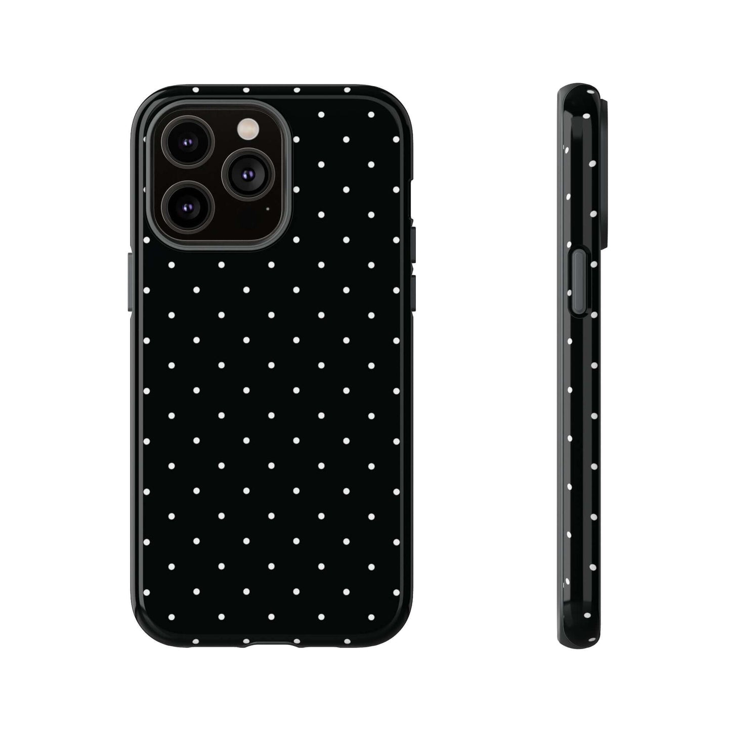 Alt Tag: Black Chic Polka Dot iPhone Case in Minimalist Style with white spots, offering elegance and protection for fashion-forward women.