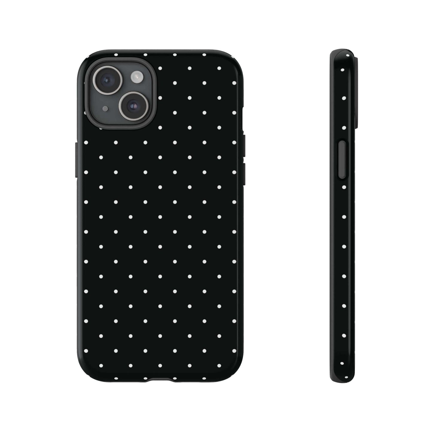 Black chic polka dot iPhone case with minimalist style design, featuring white spots on a black background for a sophisticated look.