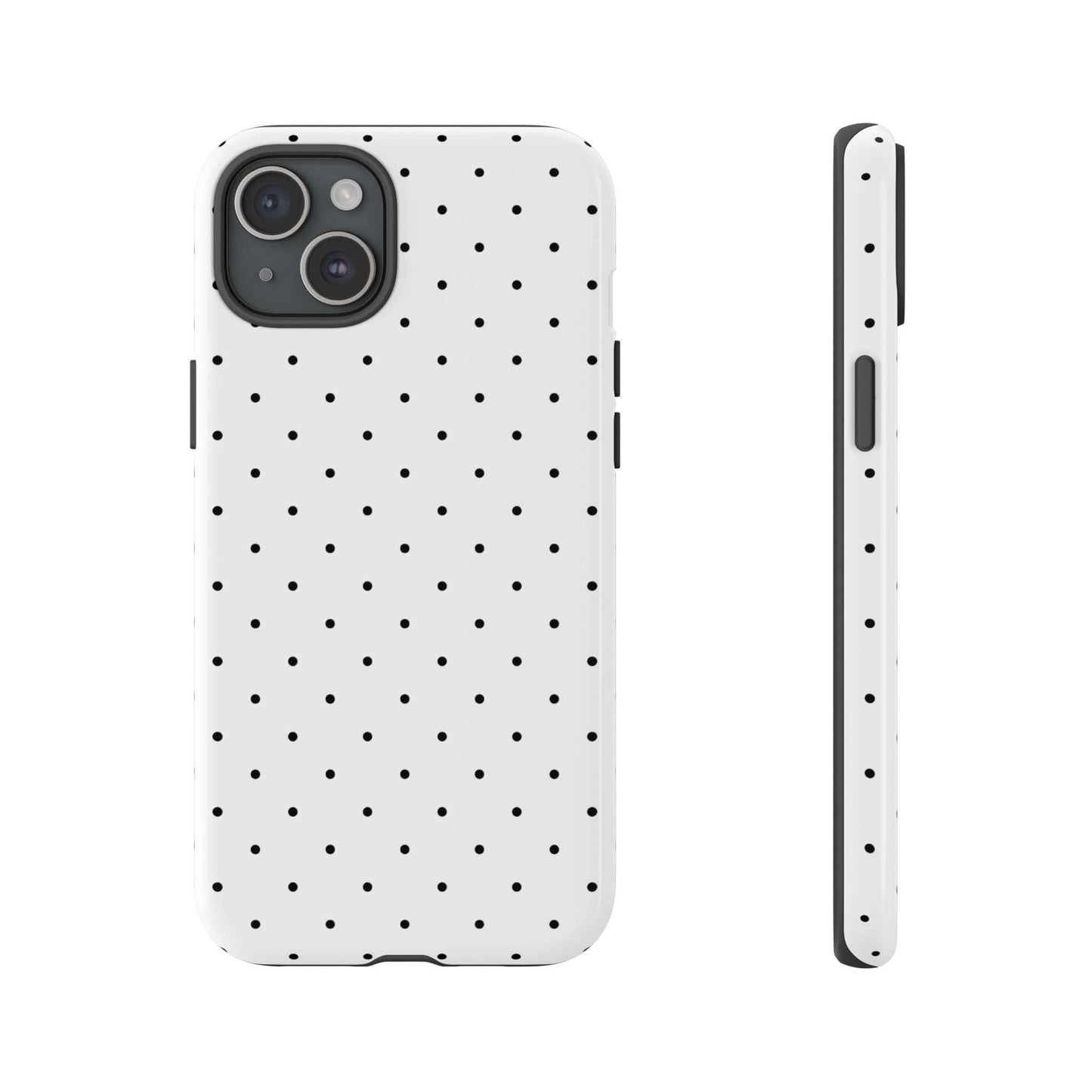 Minimalist black and white polka dot iPhone case with durable protection and chic design, perfect for stylish phone accessories.