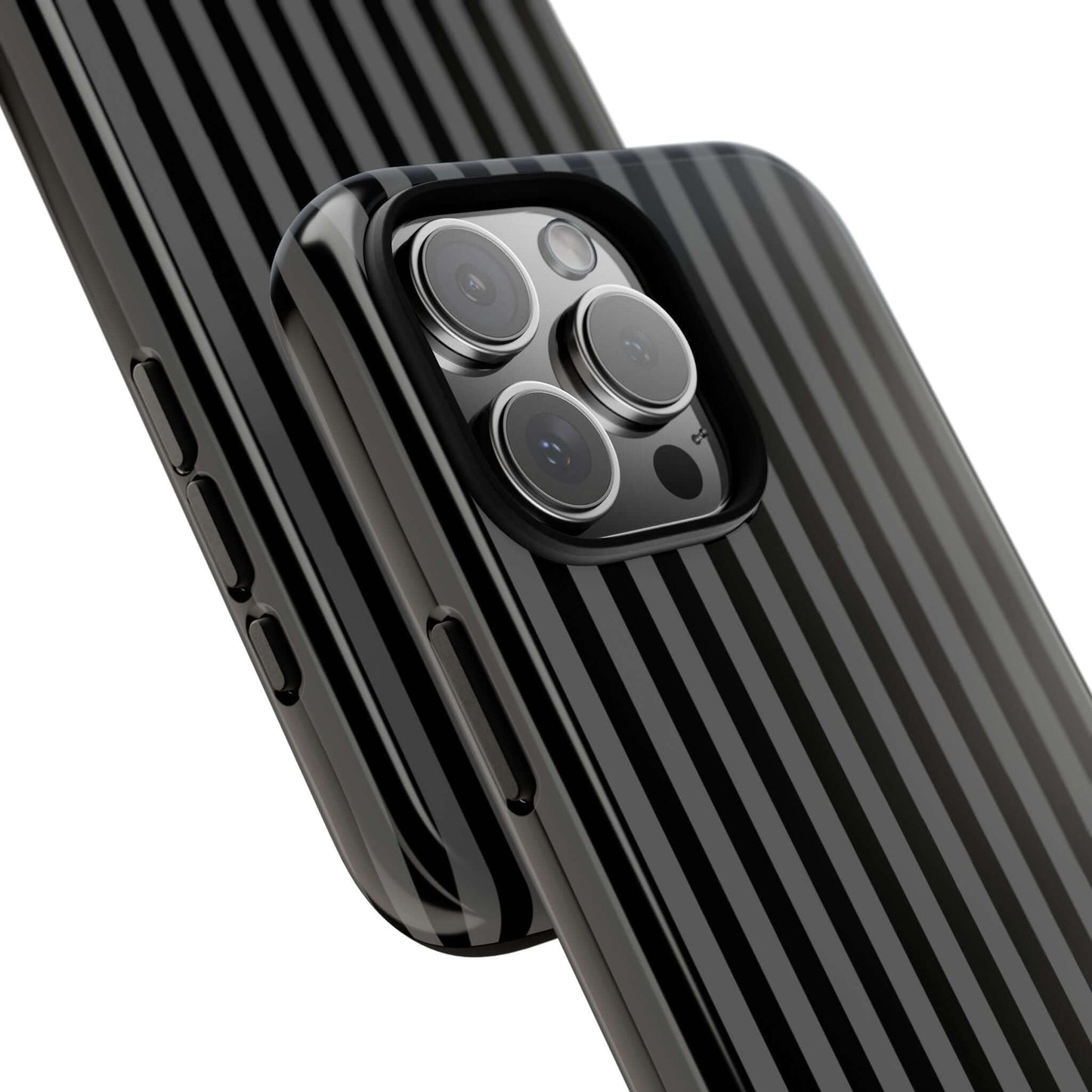 Obsidian Elegance striped black iPhone case with glossy finish and MagSafe compatibility, showcasing luxury design and protection.