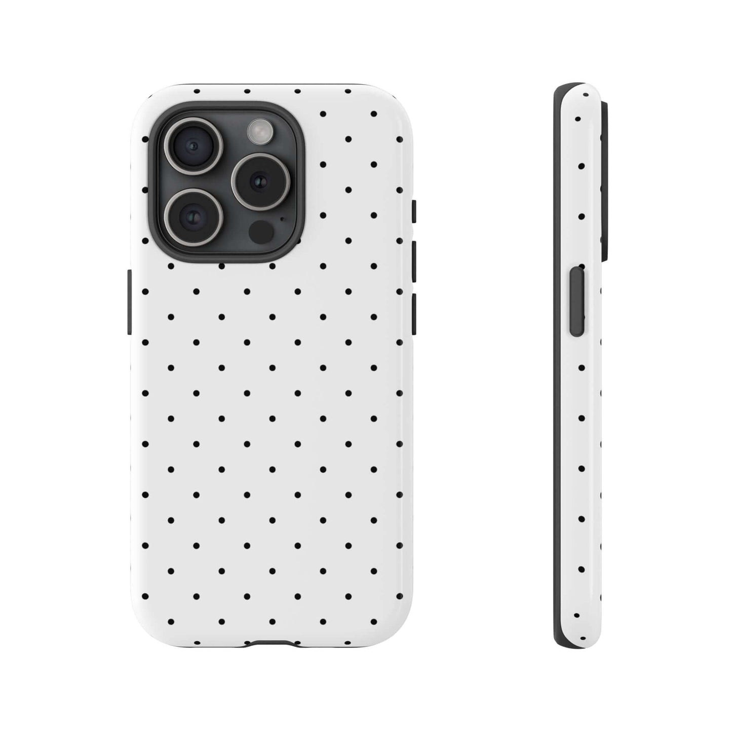 Minimalist black and white polka dot iPhone case with chic design for women, showcasing classic elegance and modern simplicity.