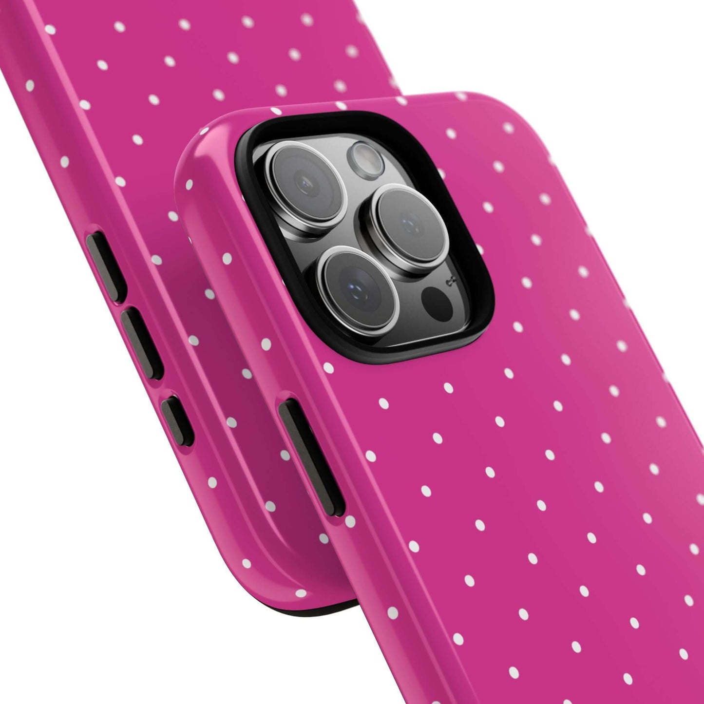 Fuchsia pink polka dot iPhone case for women with shock-absorbing bumper and slim design