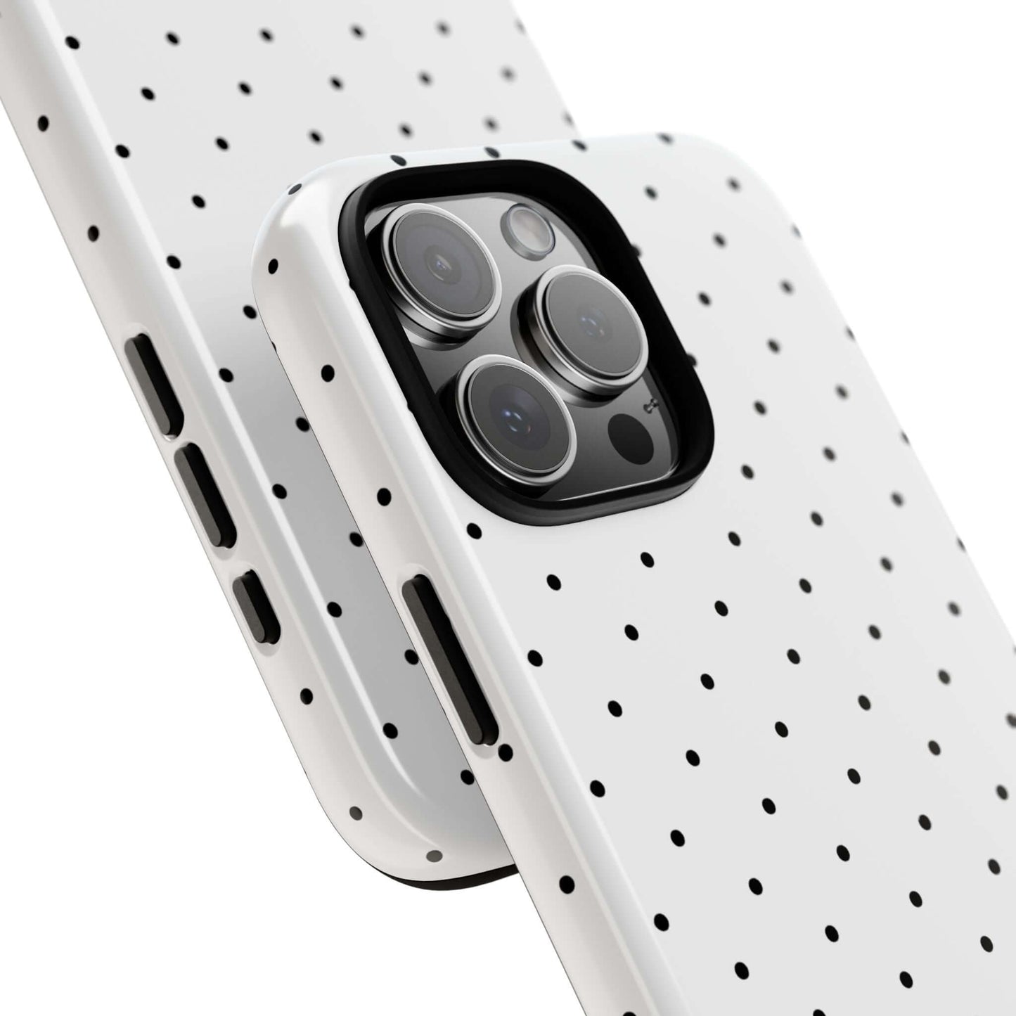 Minimalist black and white polka dot iPhone case, showcasing timeless style and durable protection for chic fashion enthusiasts.