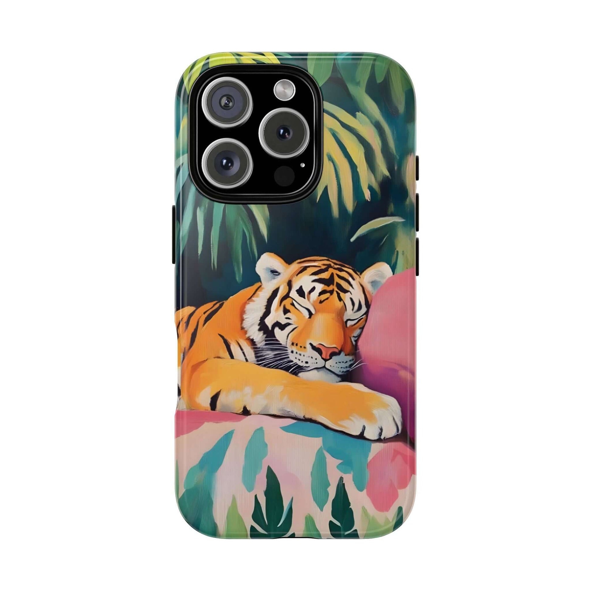 Exotic Sleeping Tiger Art iPhone Case - Tropical Jungle design featuring vibrant tiger and lush foliage for stylish phone protection.