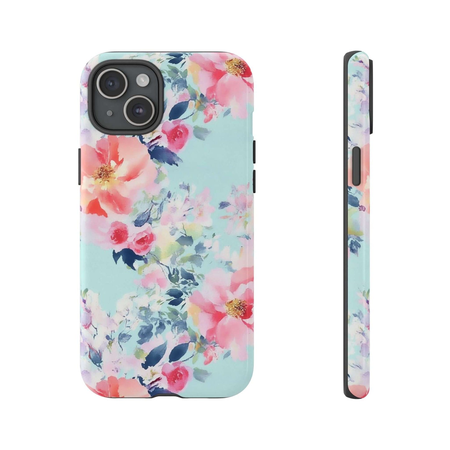 Watercolor Floral iPhone Case in pastel mint with soft peonies and blooms, fits around camera cutouts, perfect gift for her.