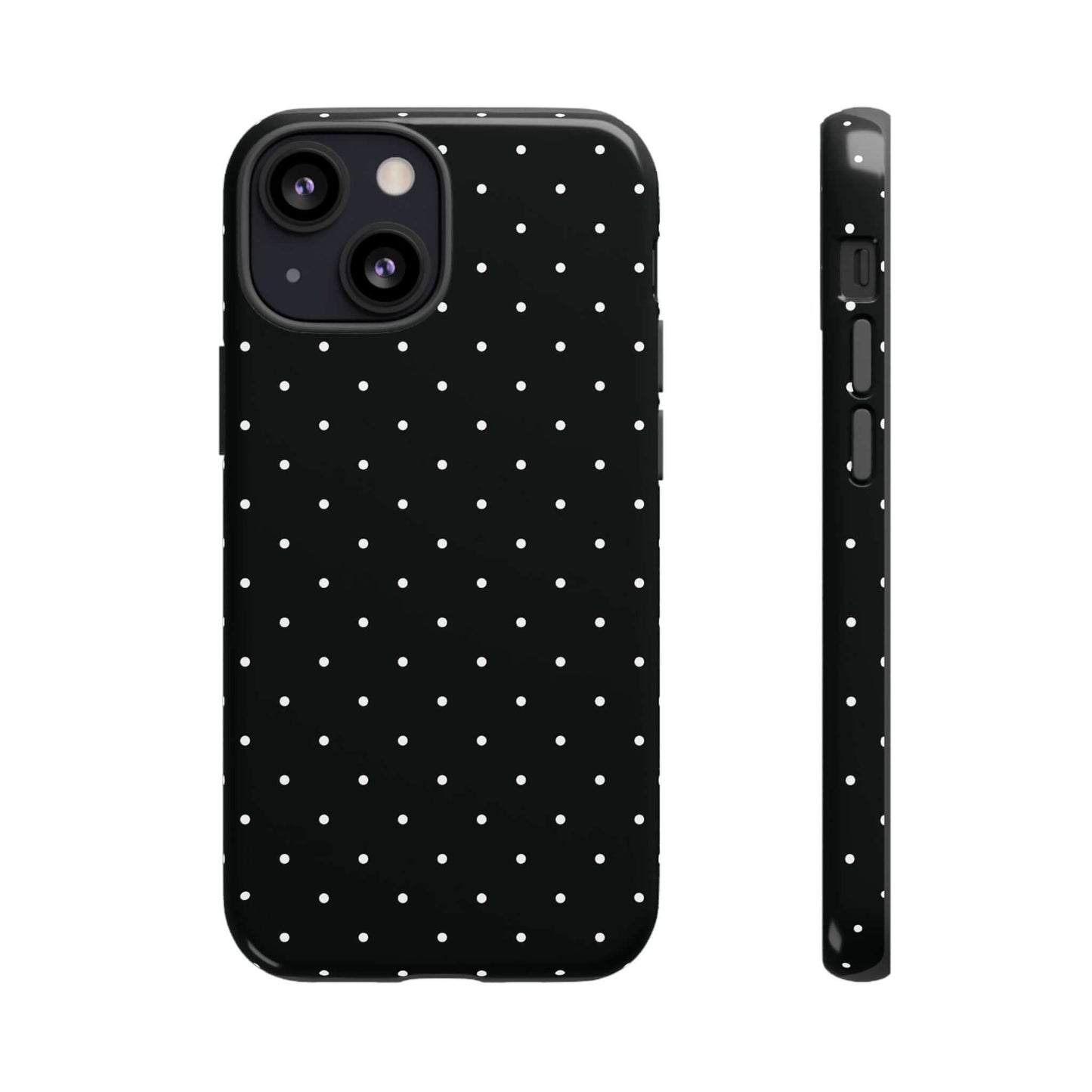 Black chic polka dot iPhone case with minimalist style, featuring a black background and white dots for a fashion-forward look.