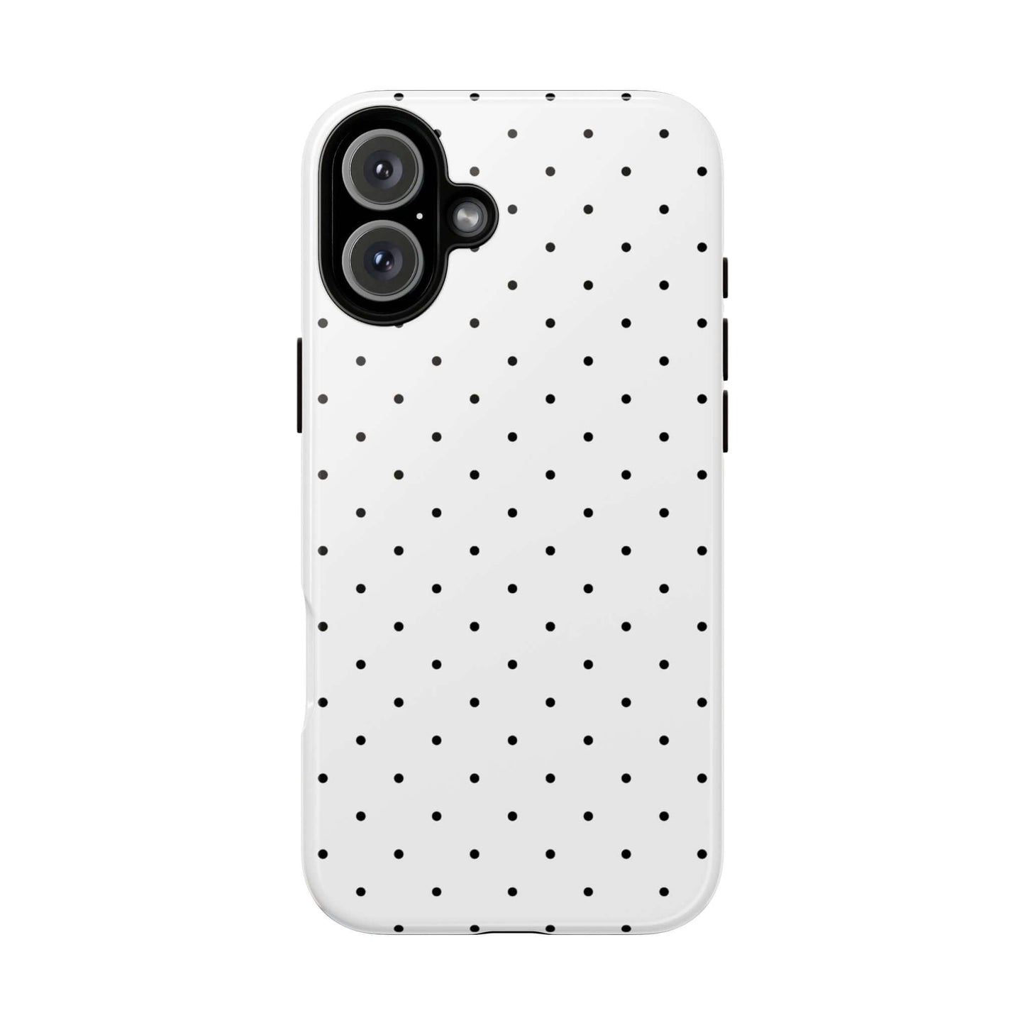 Minimalist black and white polka dot iPhone case, offering chic style and durable protection.