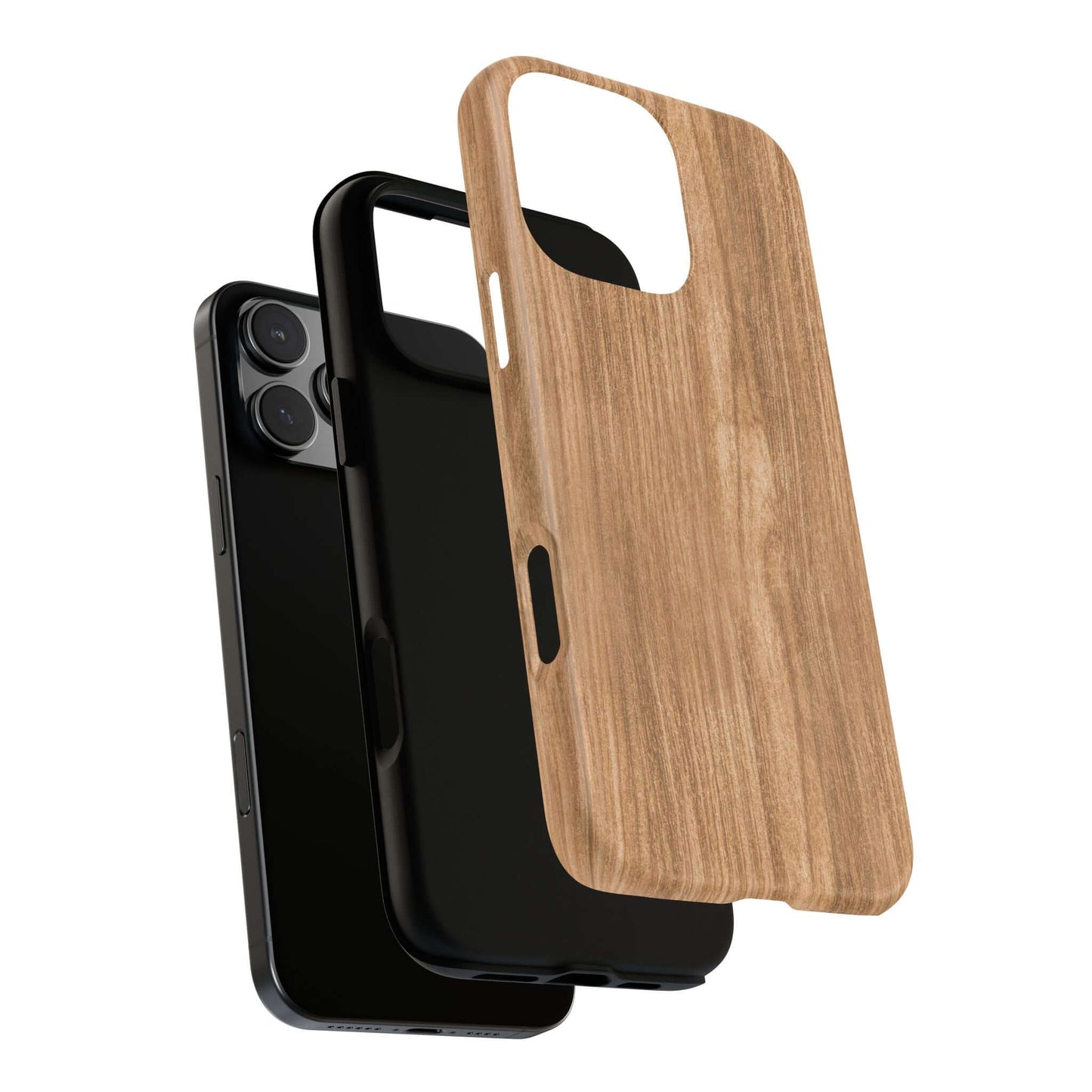 Rustic natural wood iPhone case with faux wood grain texture showcasing lifelike timber appearance, ideal for nature-inspired designs.