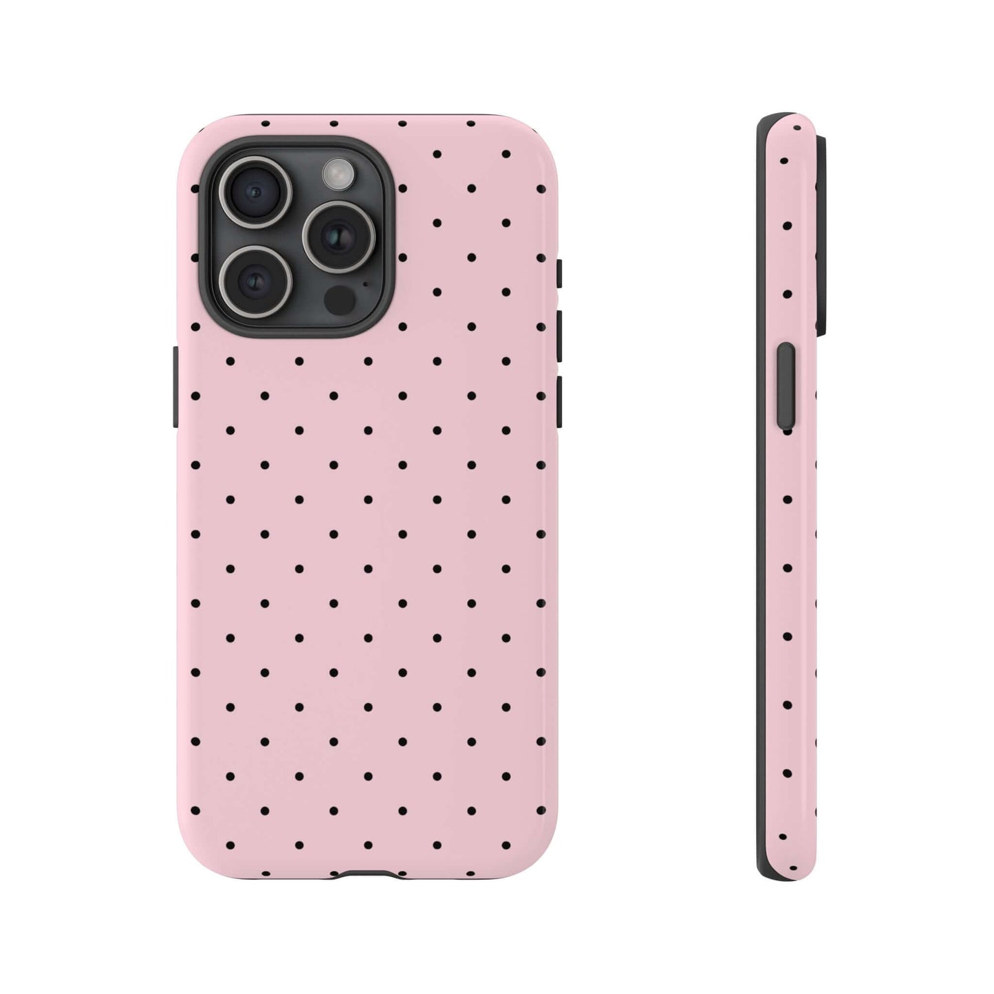 Millennial pink polka dot iPhone case with pastel design offering modern protection and slim profile, perfect for stylish everyday use.
