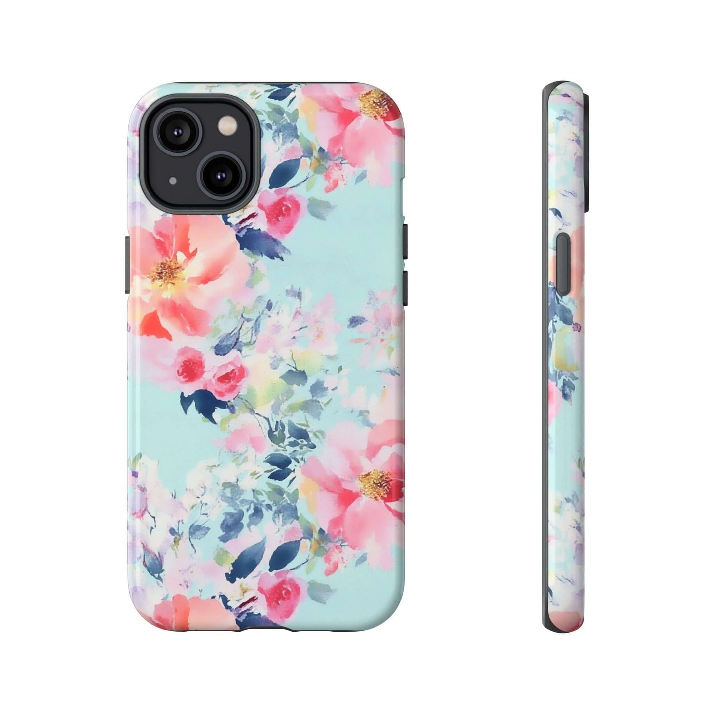 Watercolor floral iPhone case in pastel mint with painterly peonies and blooms, showcasing vivid colors and seamless camera cutouts.