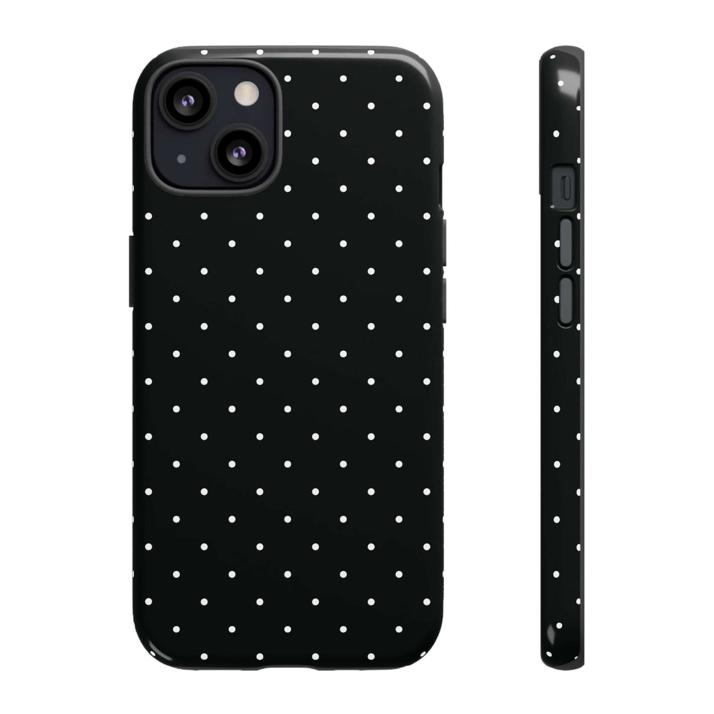 Black chic polka dot iPhone case with minimalist design, tough protection, elegant black background, and white spots.