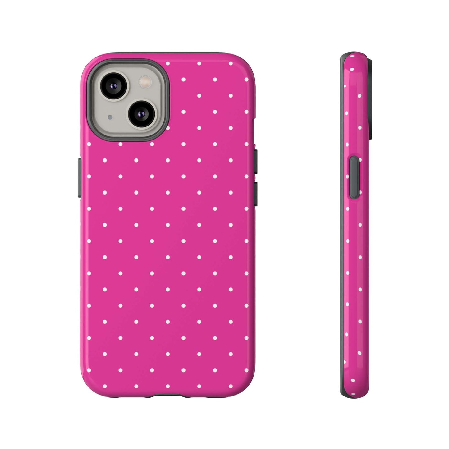Fuchsia pink polka dot iPhone case for women, featuring durable polycarbonate back and shock-absorbing bumper for stylish protection.
