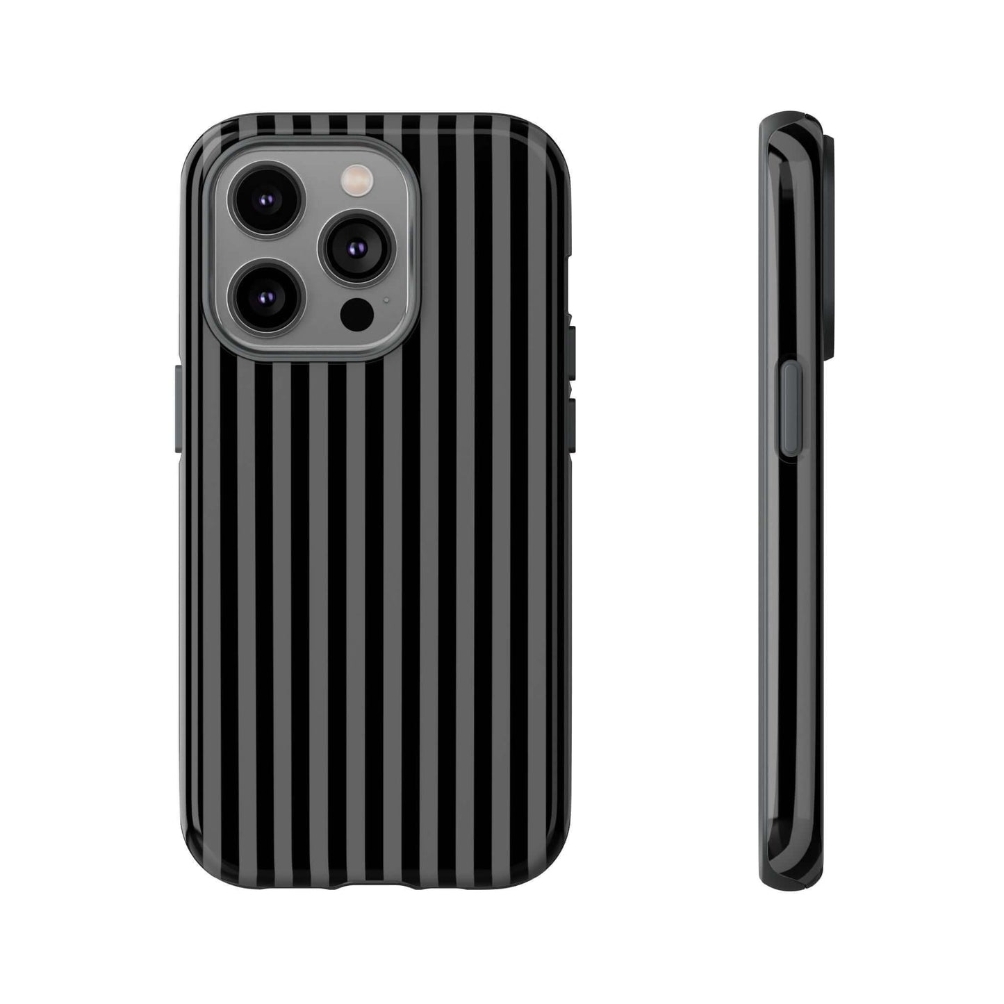 Obsidian Elegance striped black iPhone case with sleek glossy finish, showcasing front and side views, MagSafe-compatible.