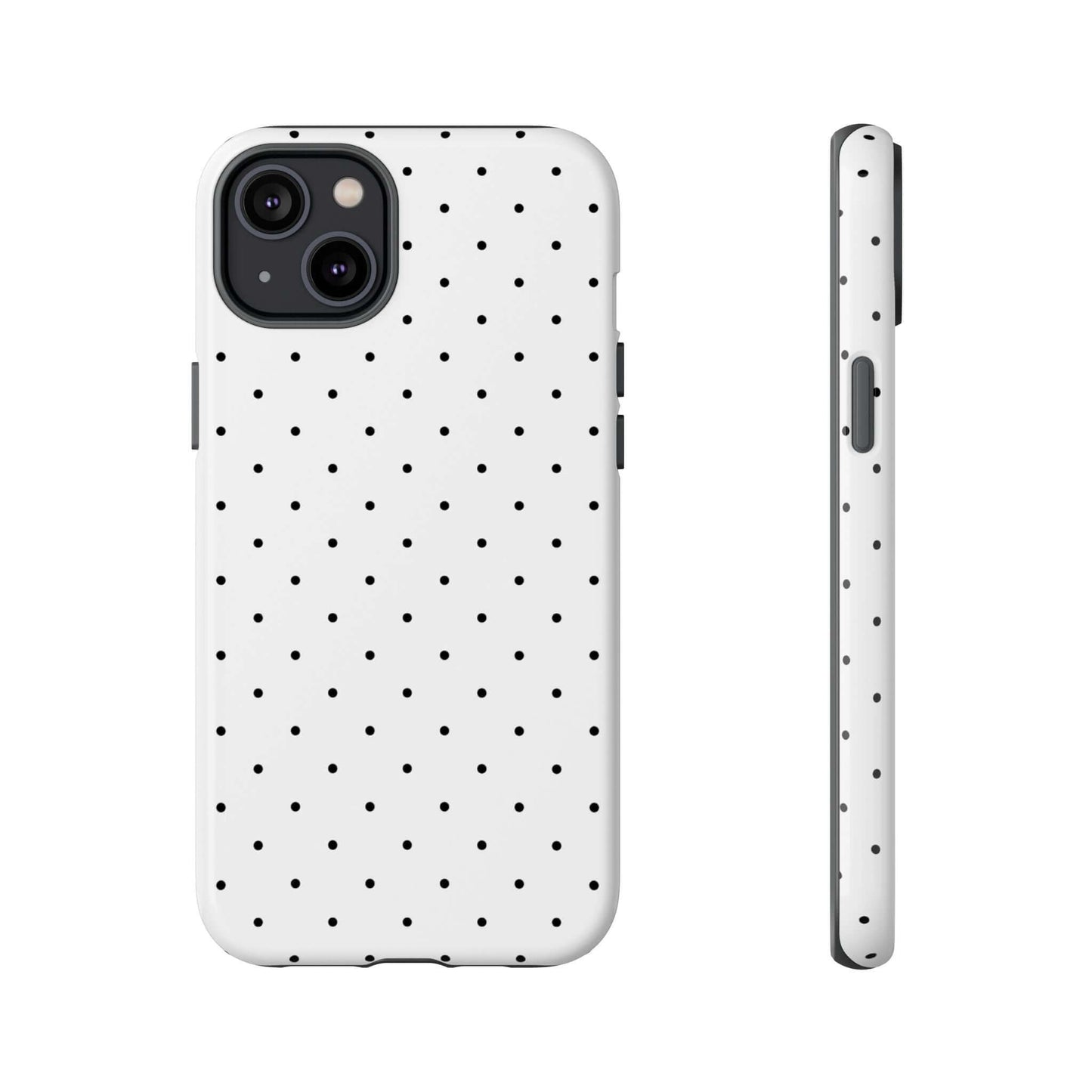 Minimalist polka dot black and white iPhone case; timeless style, modern simplicity, durable protection; chic accessory for women.