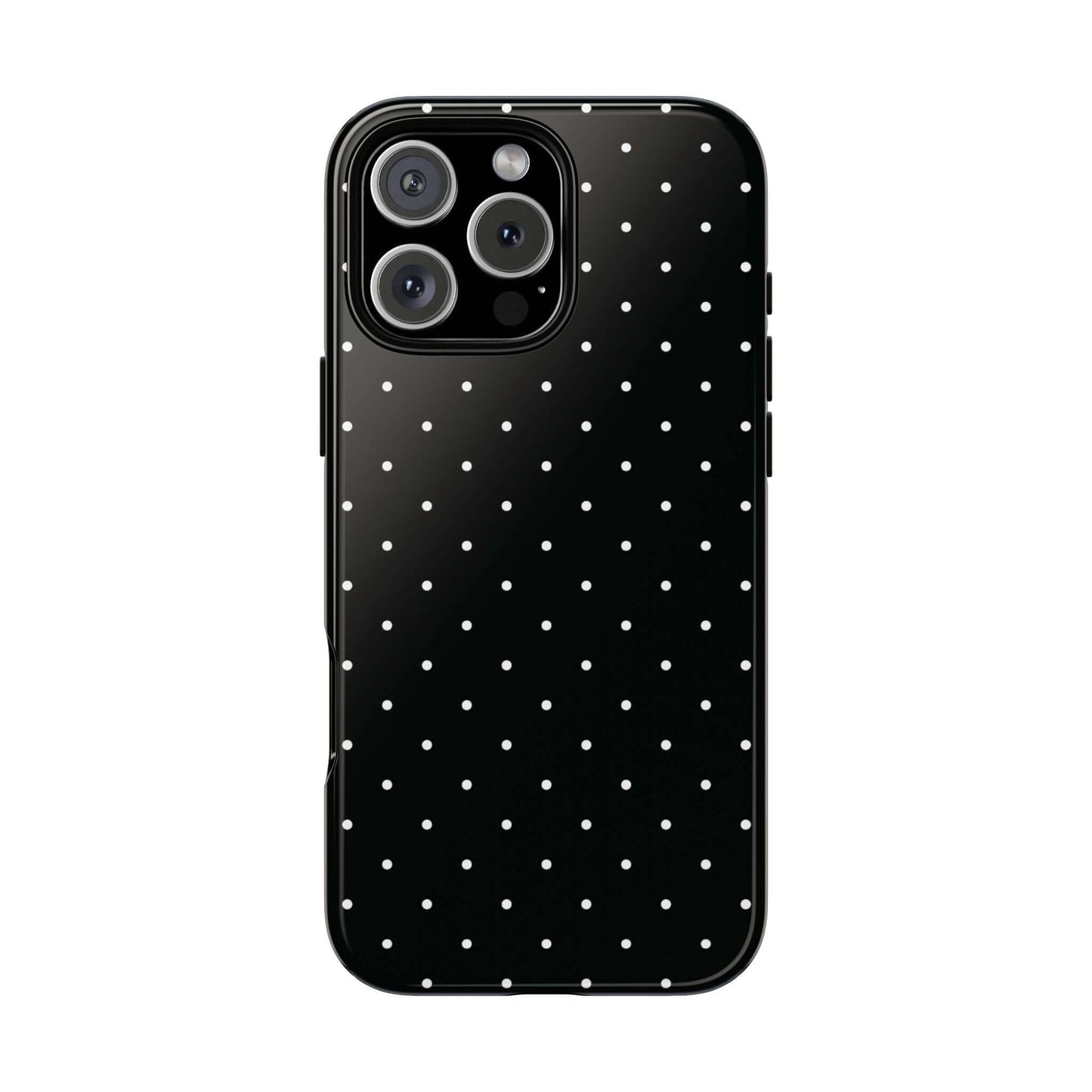 Black chic polka dot iPhone case with minimalist style, featuring a black background and white dots for a sophisticated look.