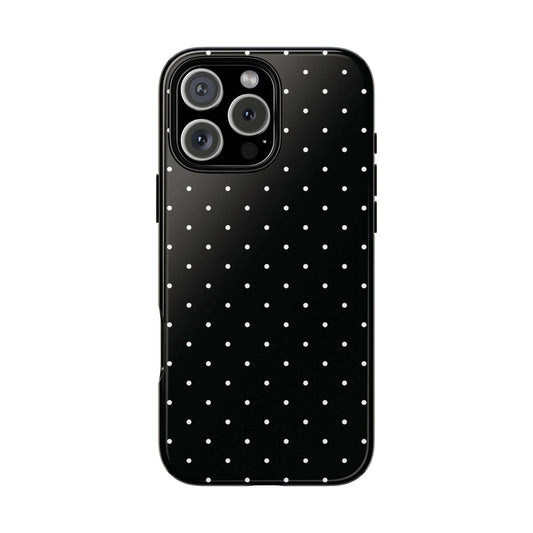 Black chic polka dot iPhone case with minimalist style, featuring a black background and white dots for a sophisticated look.