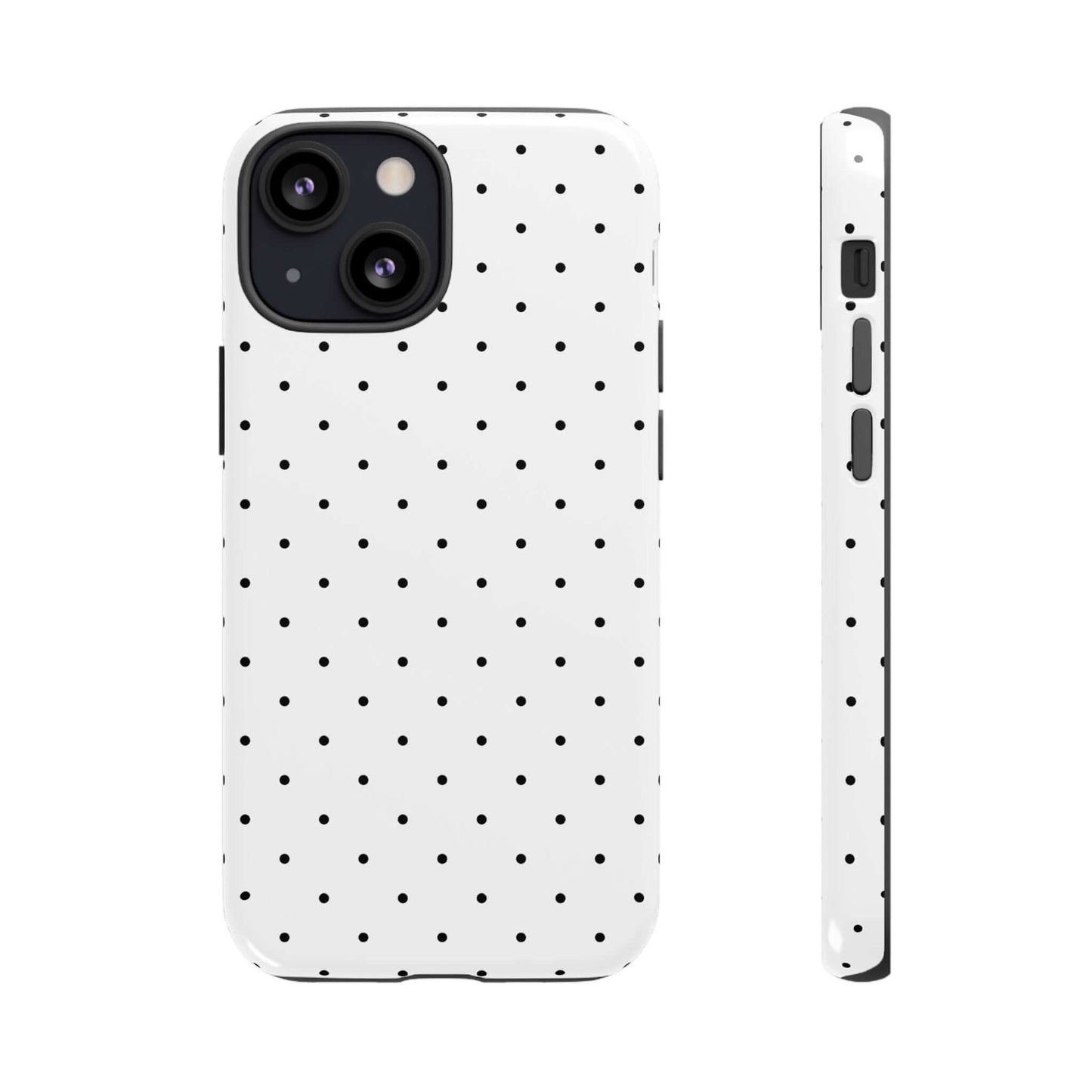 Minimalist black and white polka dot iPhone case offering elegant design and durable protection for a stylish accessory.