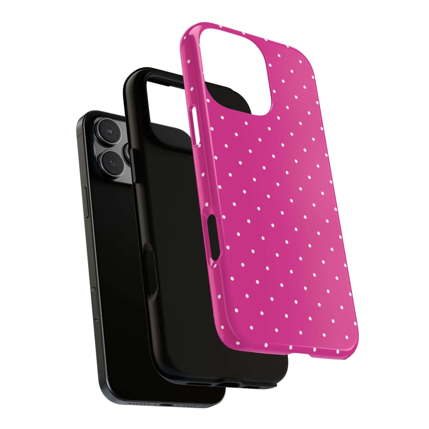 Fuchsia pink polka dot iPhone case with slim profile and polycarbonate back, featuring a white polka dot design for women.