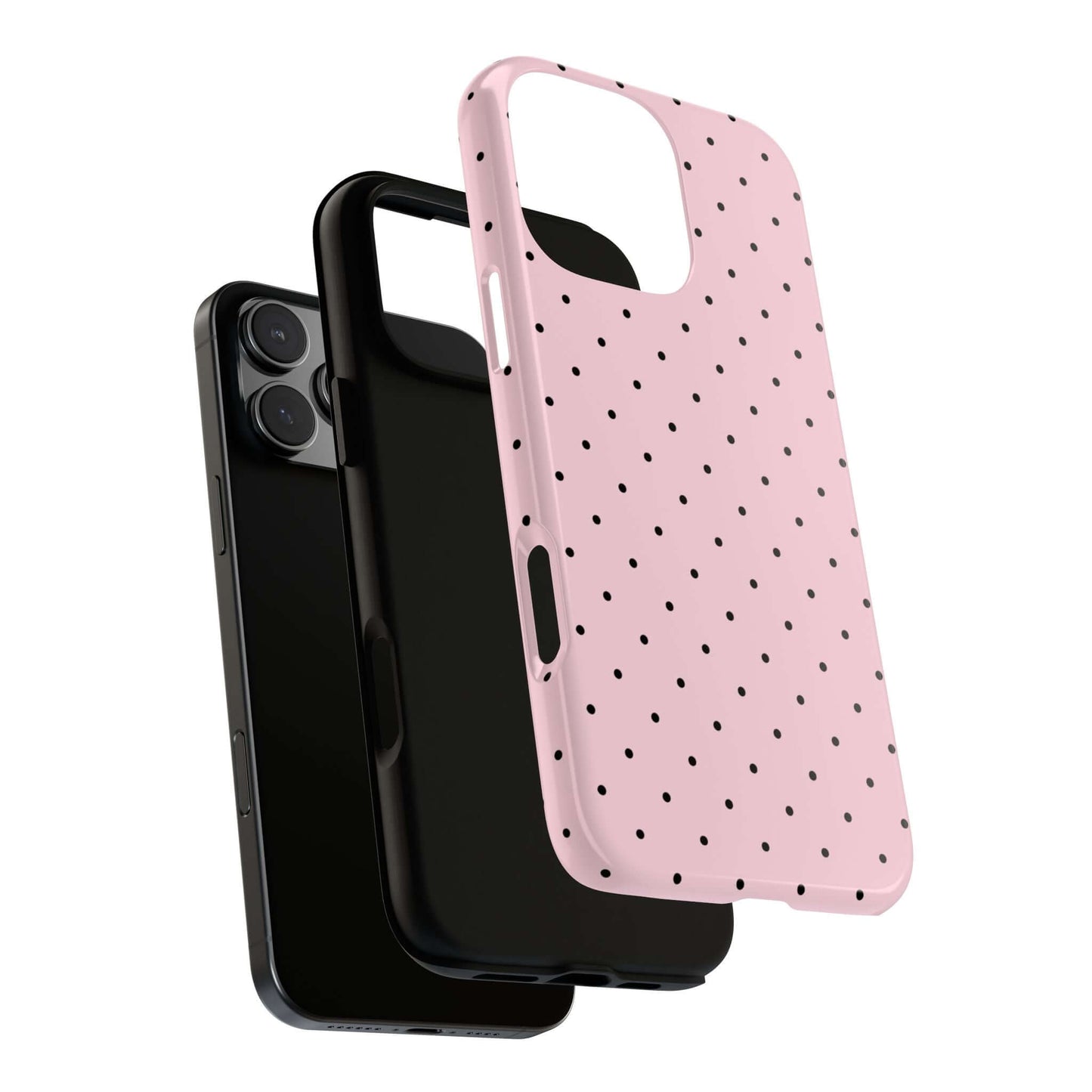 Millennial pink polka dot iPhone case with slim design and protective features.