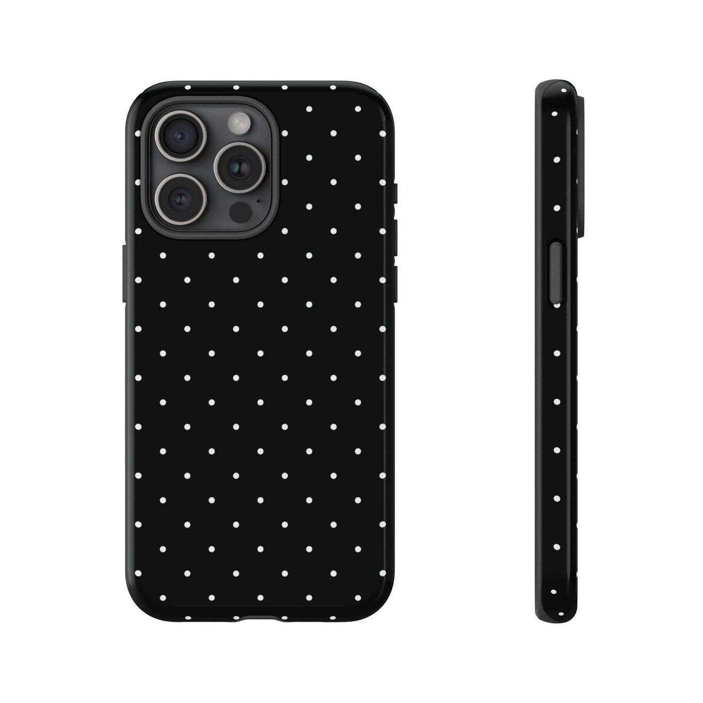 Black chic polka dot iPhone case in minimalist style with white spots, offering elegance and protection for women’s fashion accessories.