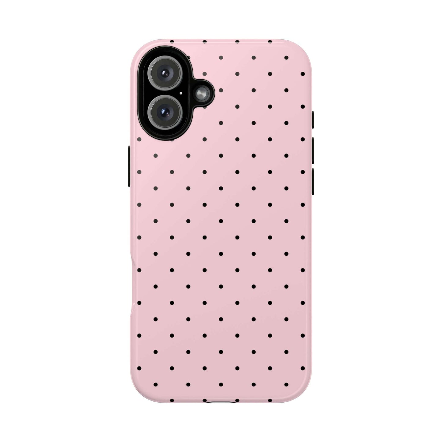 Millennial Pink Polka Dot iPhone Case with black dots on pastel pink background.