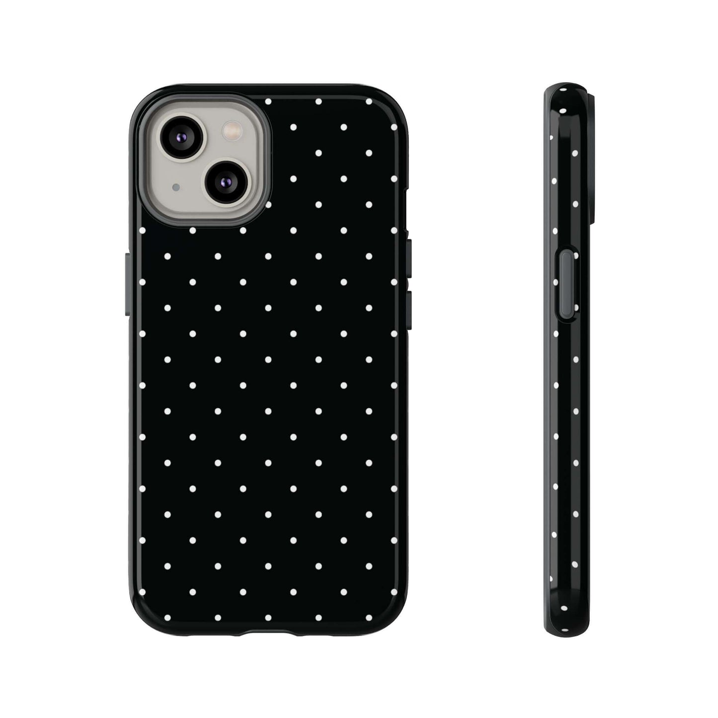 Black chic polka dot iPhone case with minimalist style, featuring white spots on a dark background, stylish and protective.