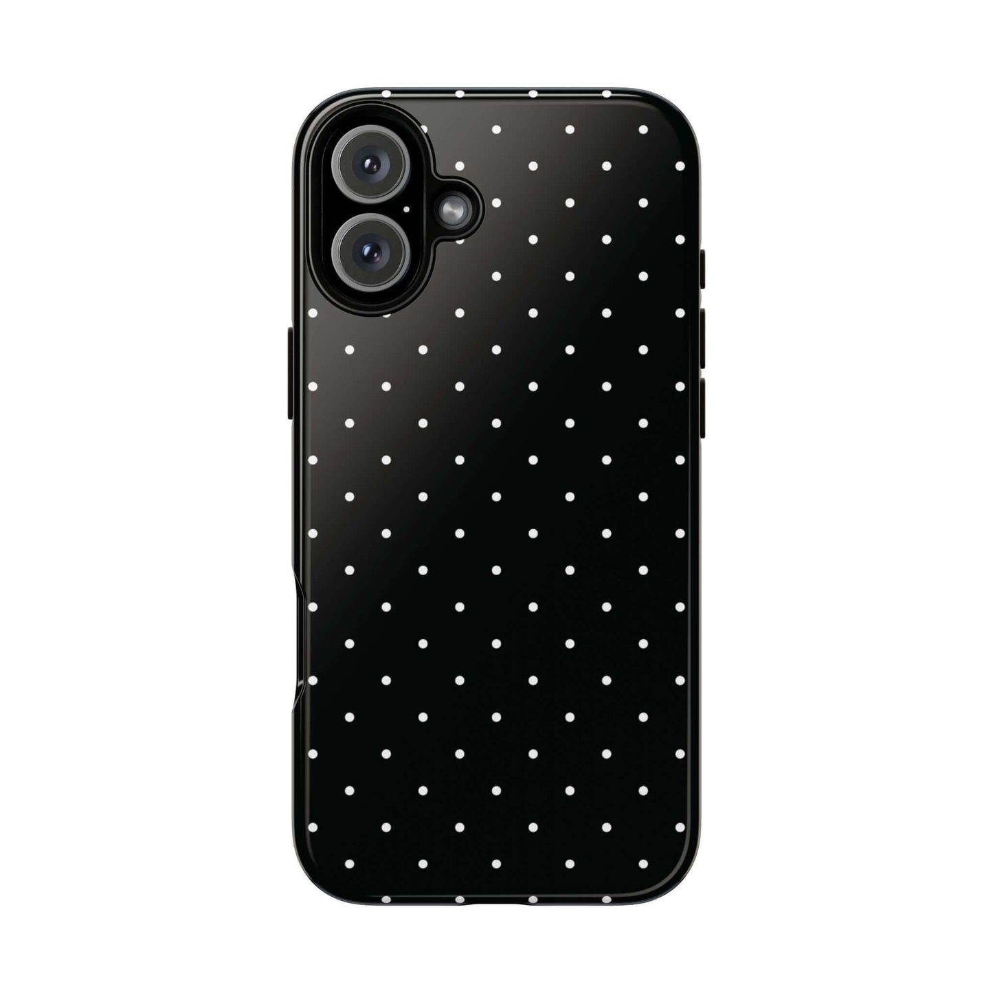Black Chic Polka Dot iPhone Case with minimalist style, featuring small white dots on a glossy black background, for elegant protection