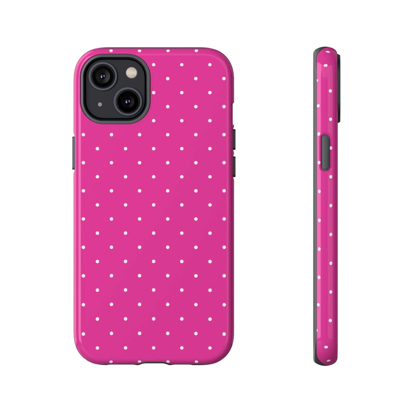 Fuchsia Pink Polka Dot iPhone Case with white dots, featuring a slim, protective design for women.