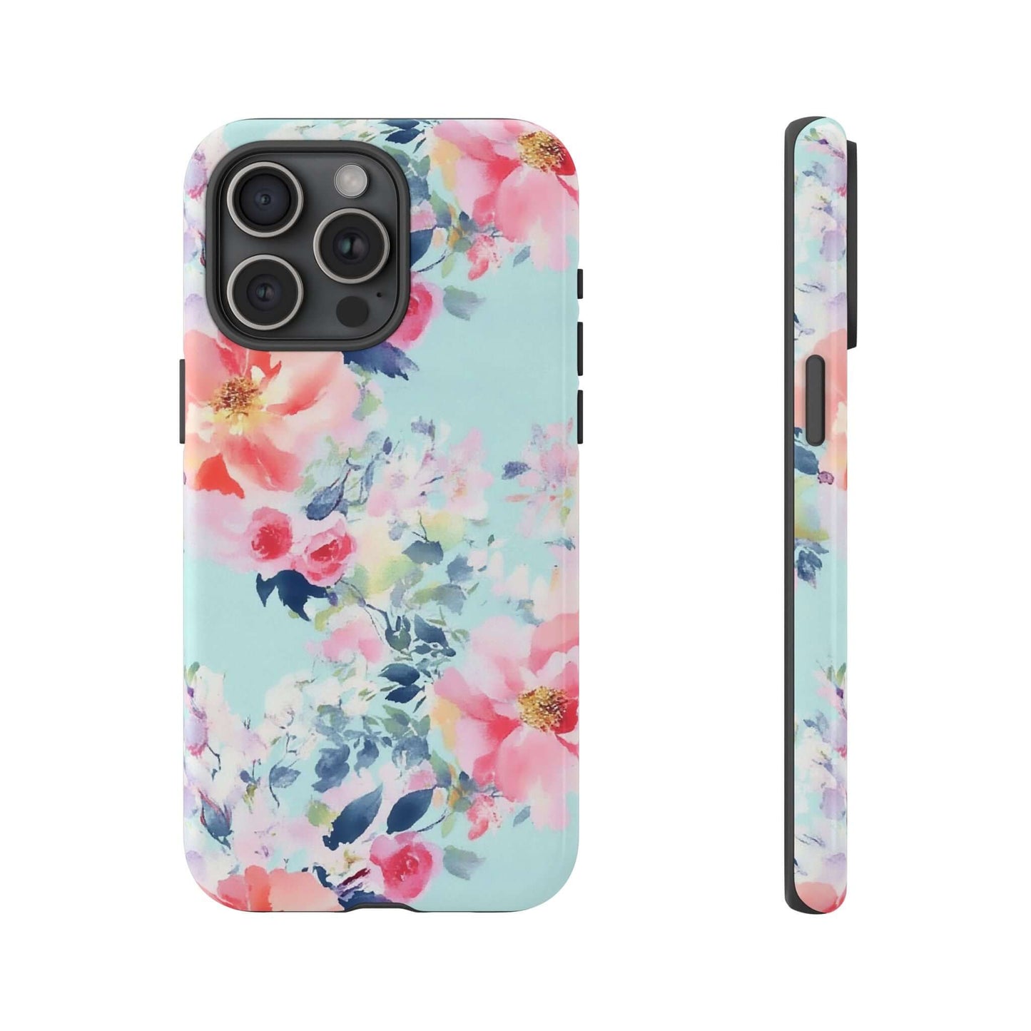 Watercolor Floral iPhone Case in pastel mint with painterly peonies and blooms, featuring high-resolution, non-fade printing.