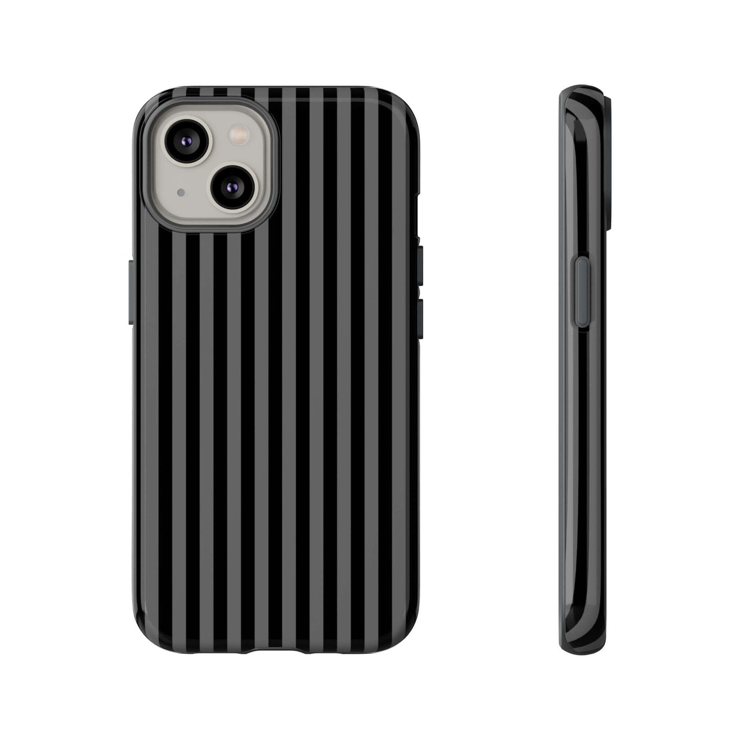 Obsidian Elegance iPhone case with black stripes, sleek glossy finish, durable material, and MagSafe compatibility for modern style and protection.