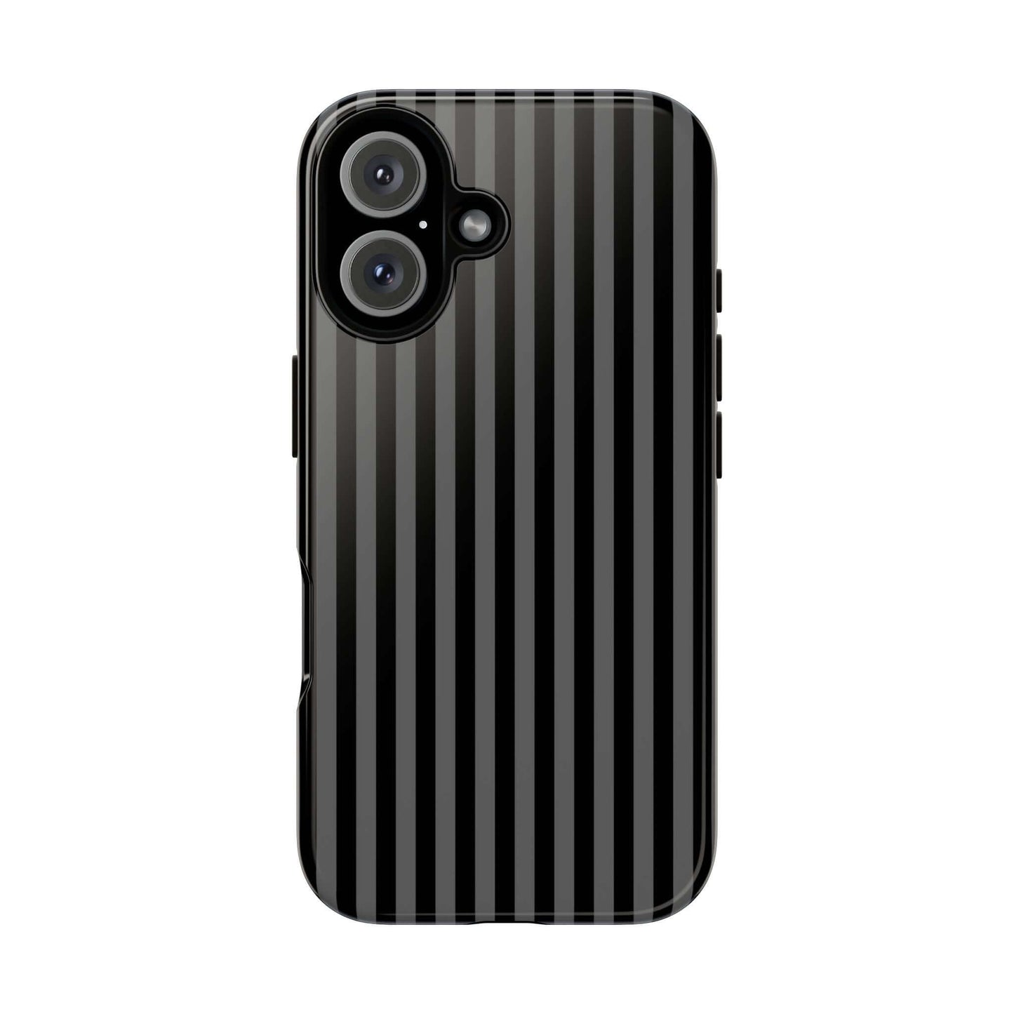 Obsidian Elegance black iPhone case with elegant striped design, glossy finish, and shock-absorbent material for modern protection.