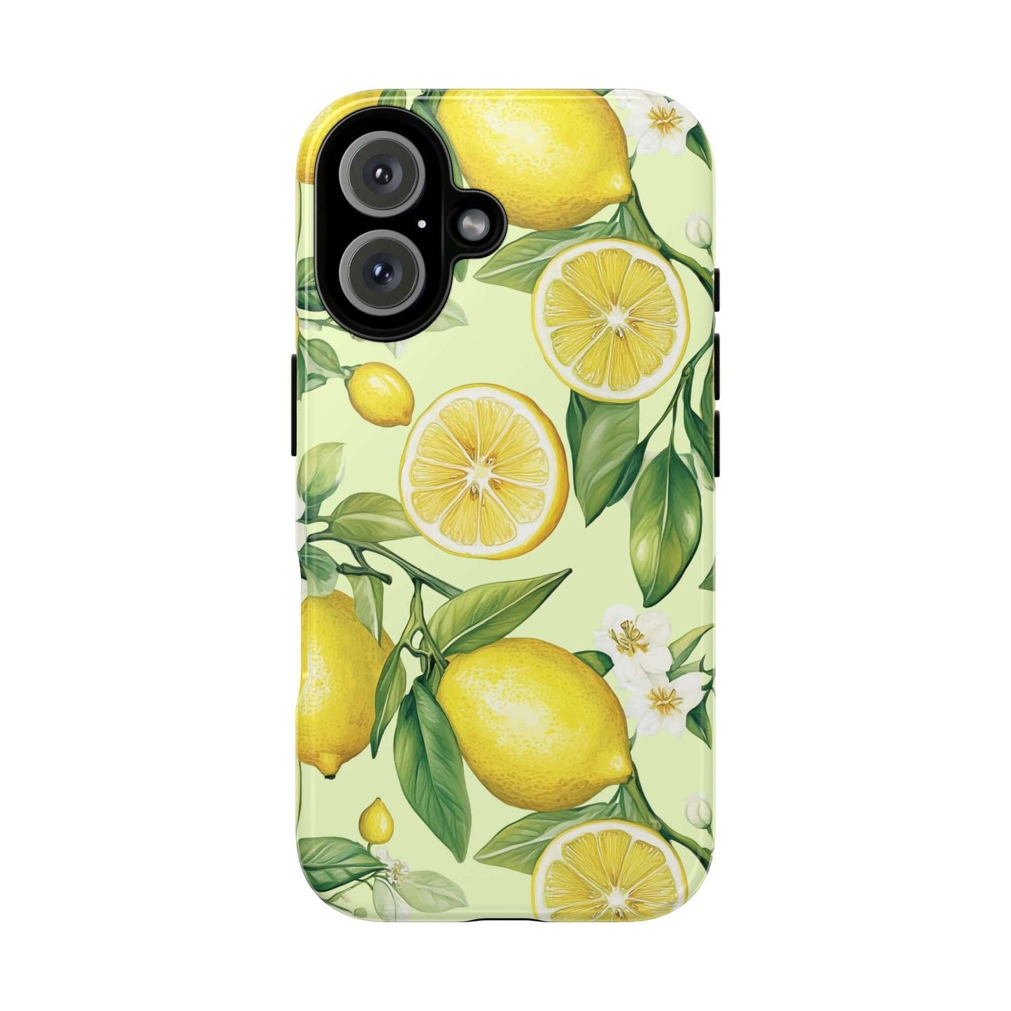 Lemon Blossom iPhone case with watercolor lemons and blossoms on a pastel background, offering summer style and phone protection.
