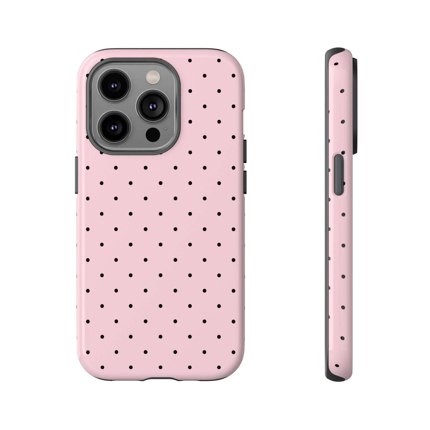 Millennial pink polka dot iPhone case, cute and protective, side and back view.