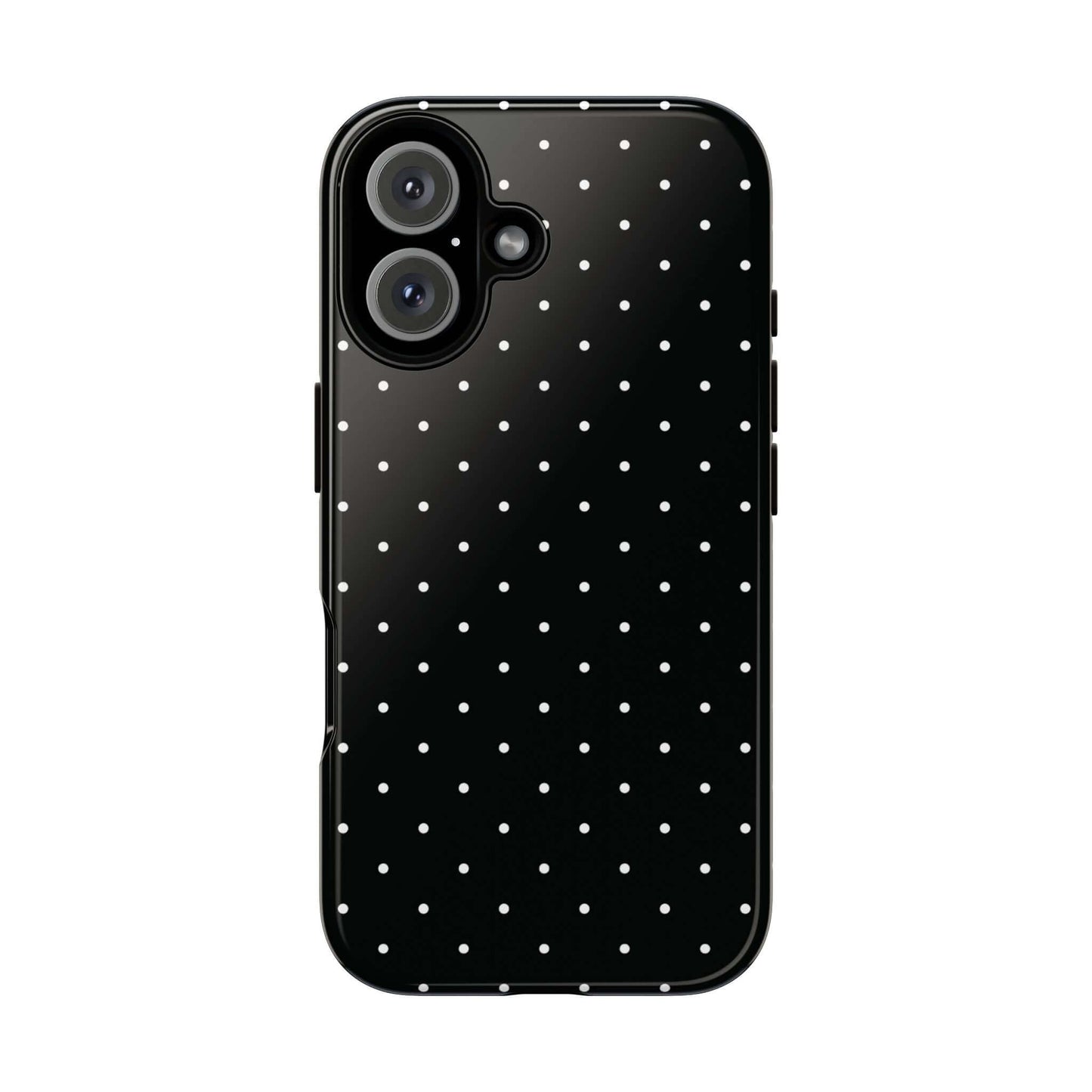 Black chic polka dot iPhone case with minimalist style, elegant white spots, protective cover for women, sophisticated accessory.