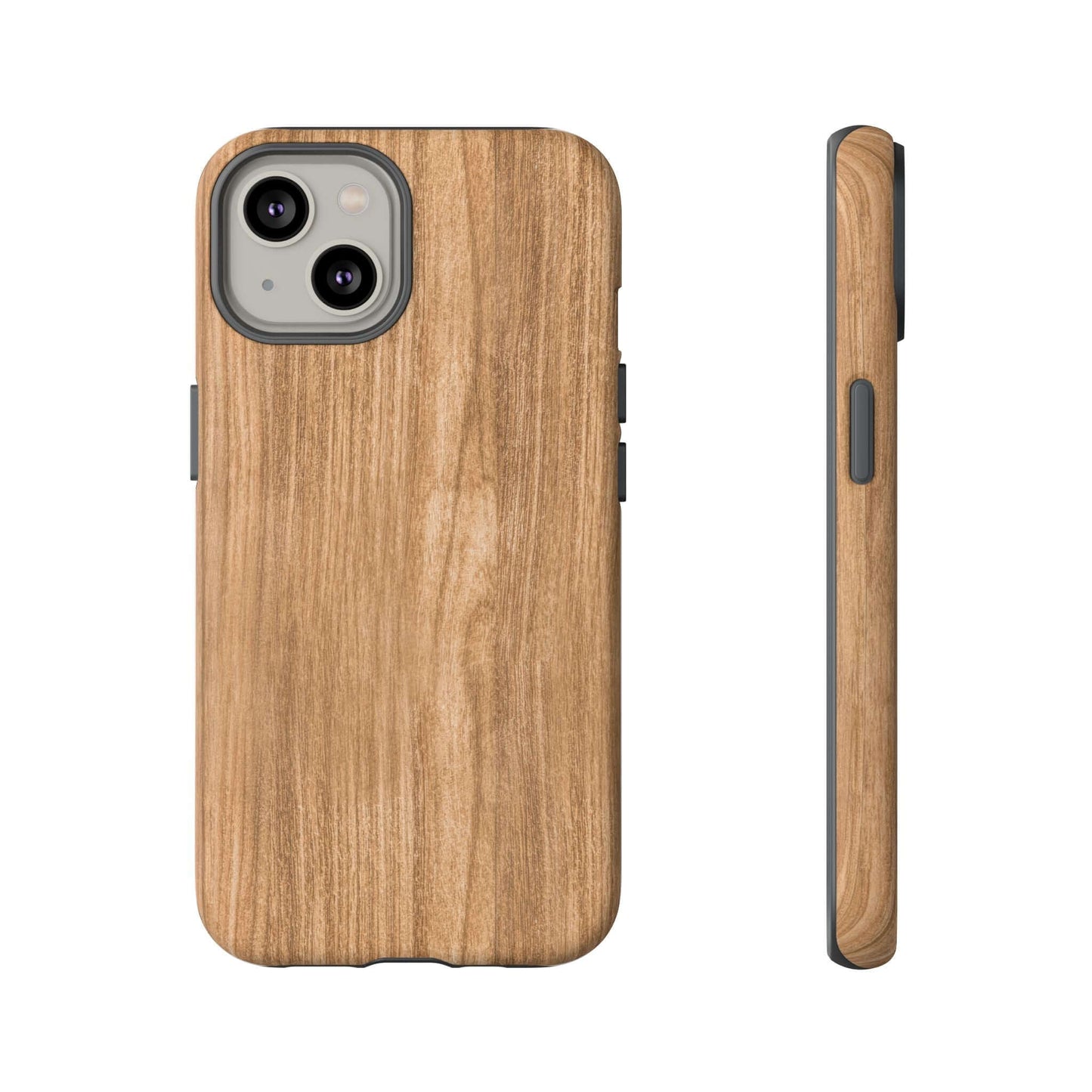 Rustic natural wood iPhone case with faux wood grain, showcasing lifelike texture and warm earthy tones, side and back view.
