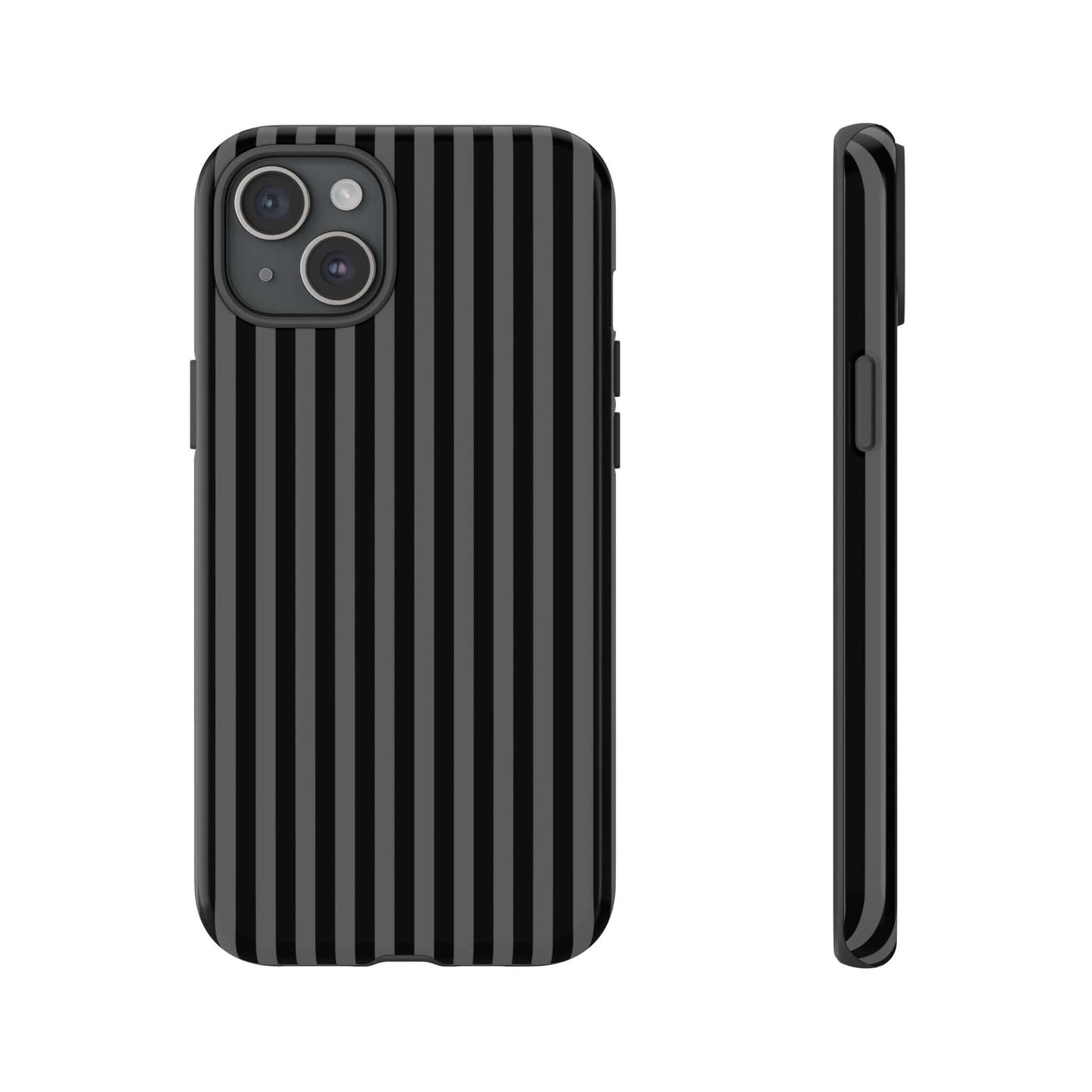 Black striped iPhone case with glossy finish, shock-absorbent, lightweight, MagSafe compatible, designed for style and protection.