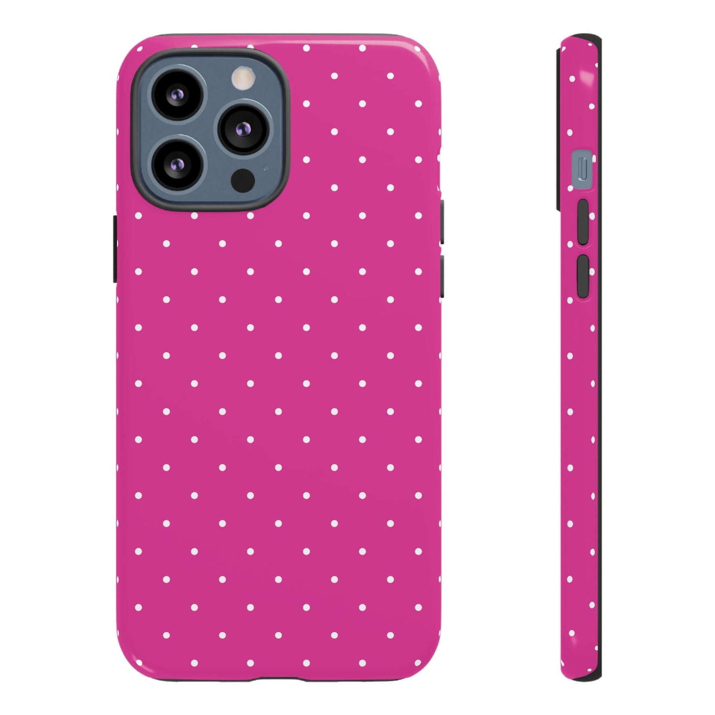 Fuchsia pink polka dot iPhone case for women with shock-absorbing TPU bumper and slim profile for stylish phone protection.
