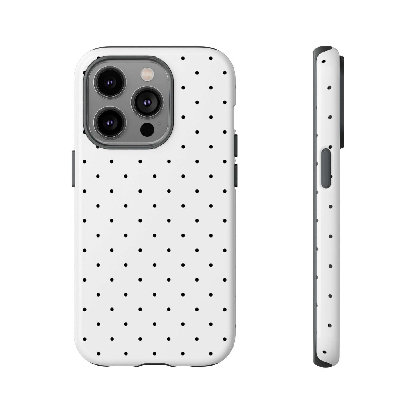 Minimalist black and white polka dot iPhone case, showing front and side view, featuring chic and durable design for stylish protection.