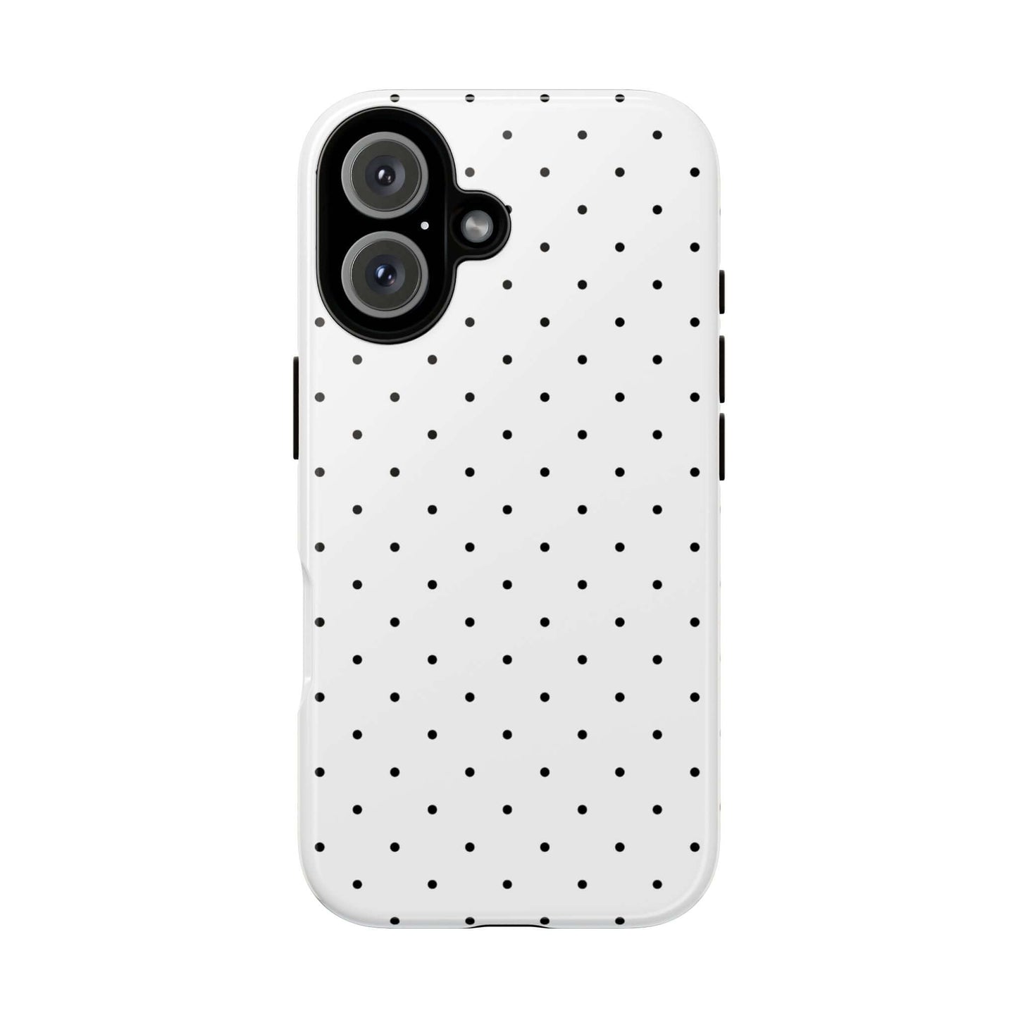 Minimalist polka dot iPhone case in black and white, featuring durable material and chic design for stylish phone protection.