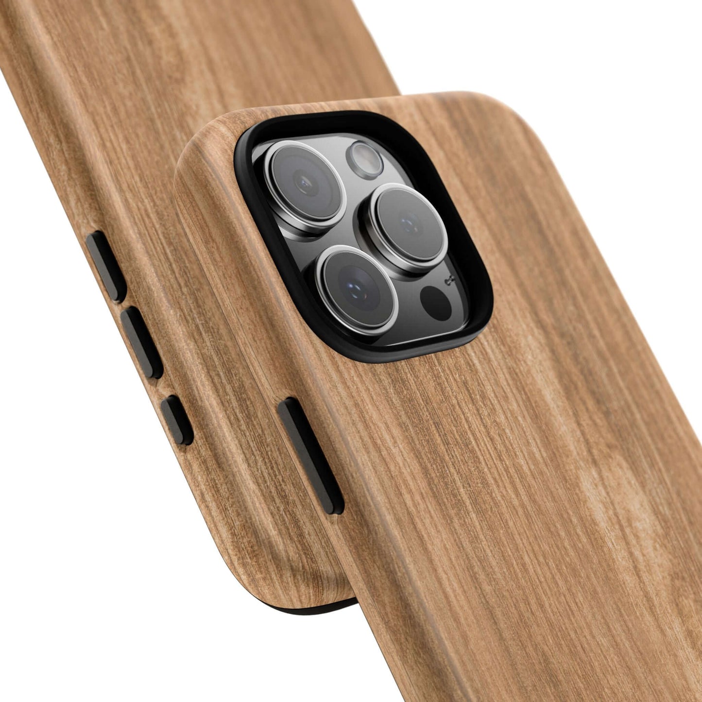 Close-up of rustic natural wood iPhone case with faux wood grain texture, showcasing camera cutout design.