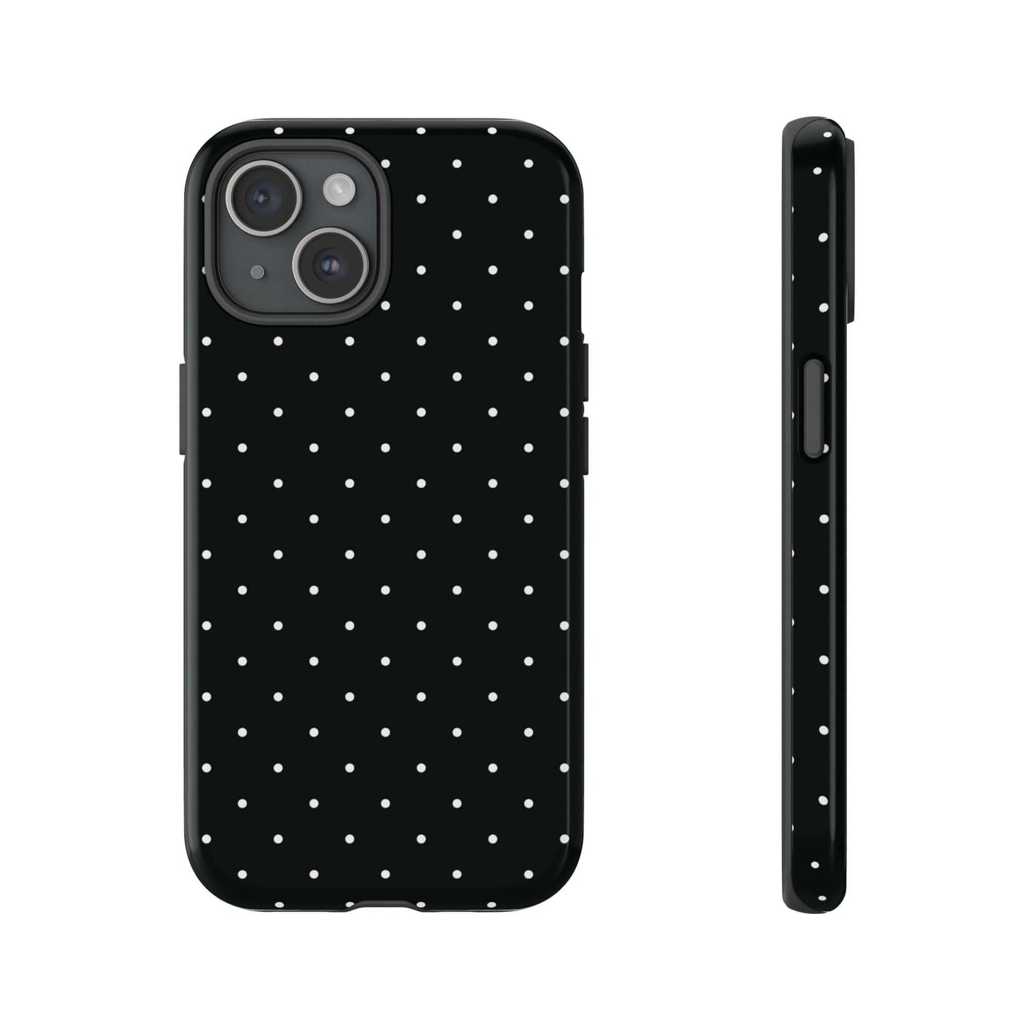Black Chic Polka Dot iPhone Case with White Dots, Minimalist Style, Protective and Elegant Design, Fashionable Women's Accessory.