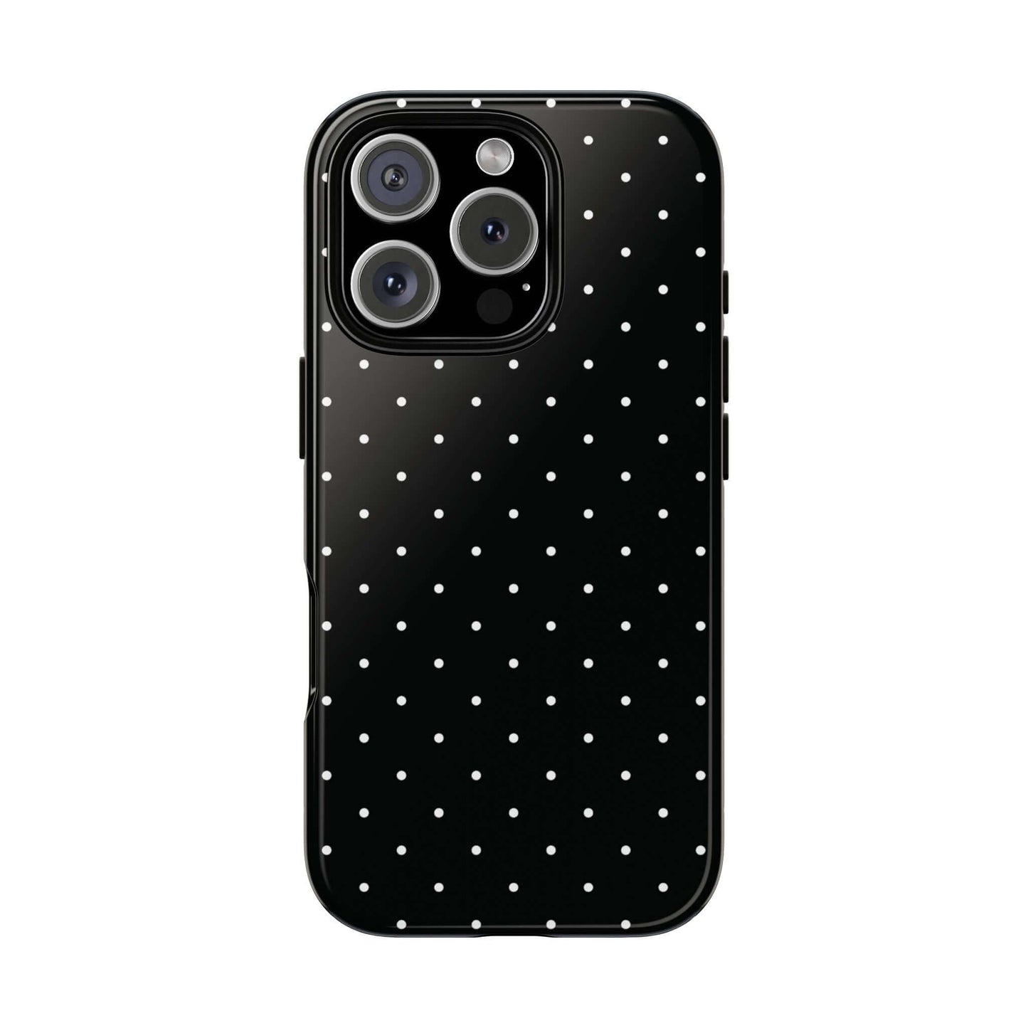 Black Chic Polka Dot iPhone Case with minimalist design, offers stylish protection with contrasting white dots on a rich black background.