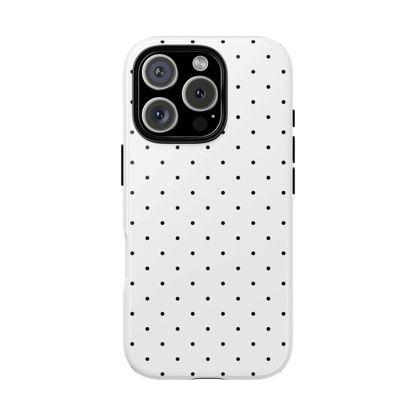 Minimalist black and white polka dot iPhone case with durable protection, stylish design for women.