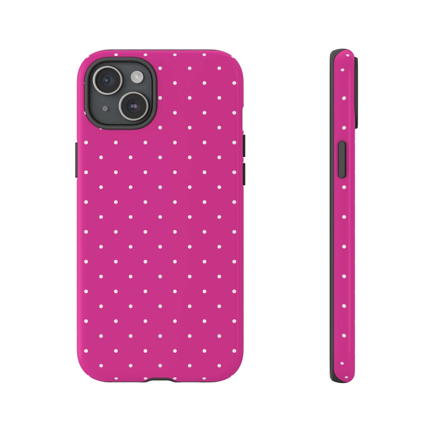 Fuchsia pink polka dot iPhone case for women with white dots, featuring a slim, durable design for stylish protection.