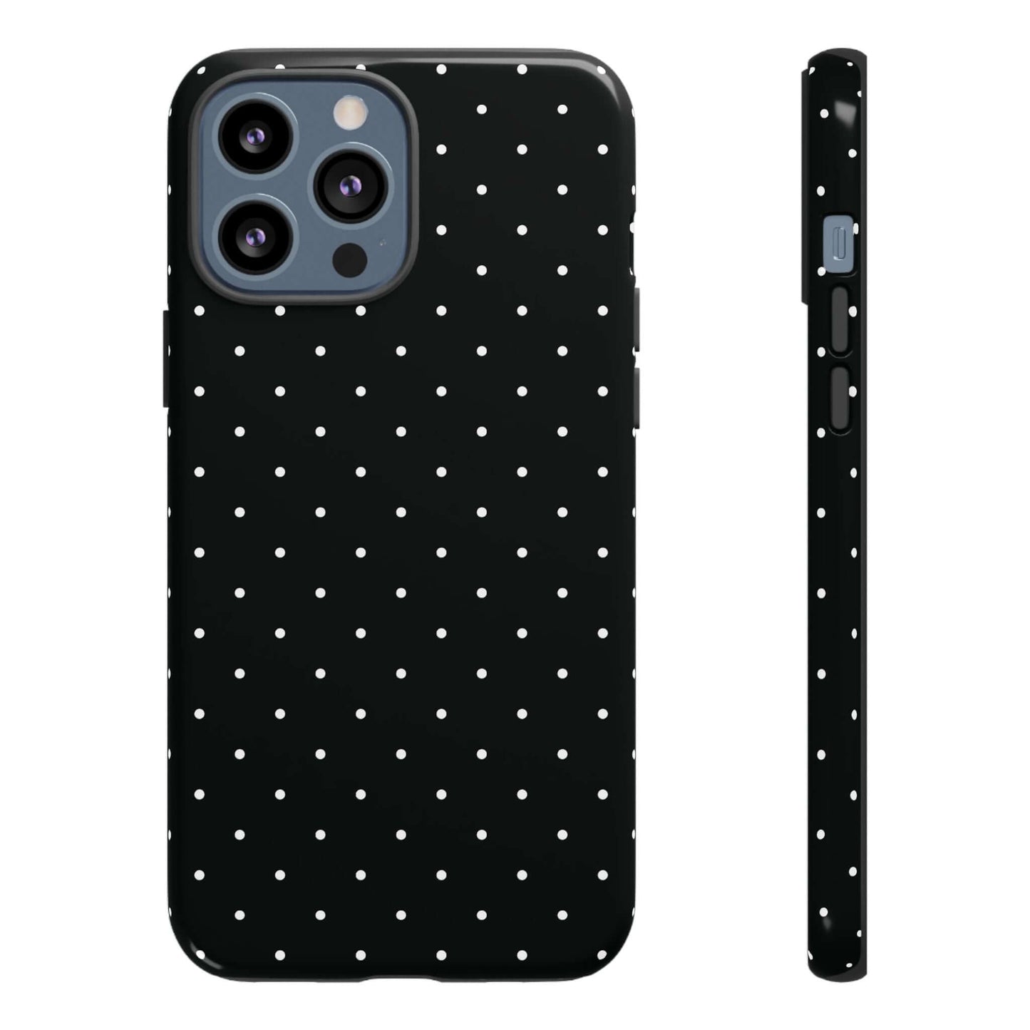 Black Chic Polka Dot iPhone Case with Minimalist Design, featuring white dots on a sleek black background for elegant protection.