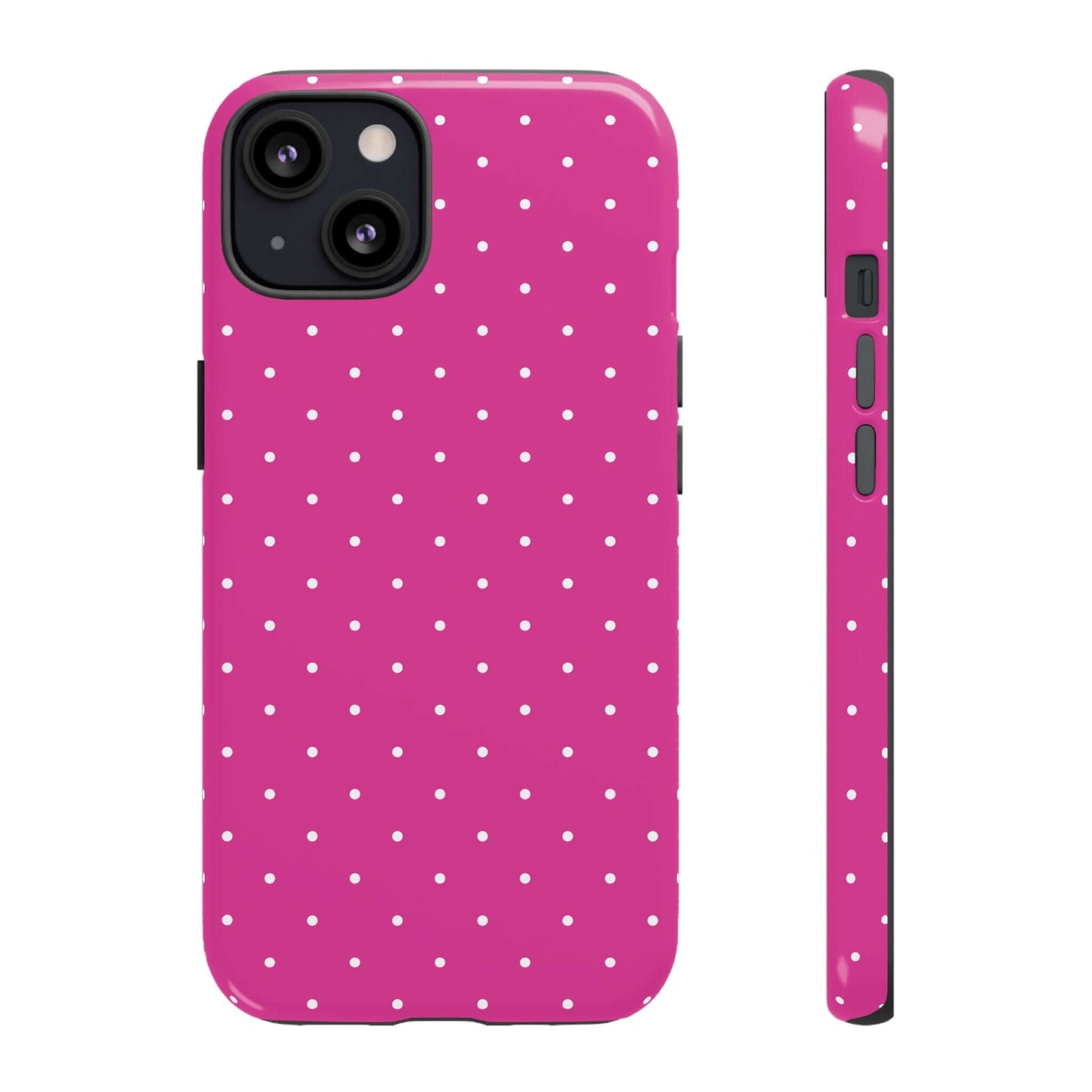 Fuchsia Pink Polka Dot iPhone Case for Women with slim profile, polycarbonate back, and shock-absorbing bumper.