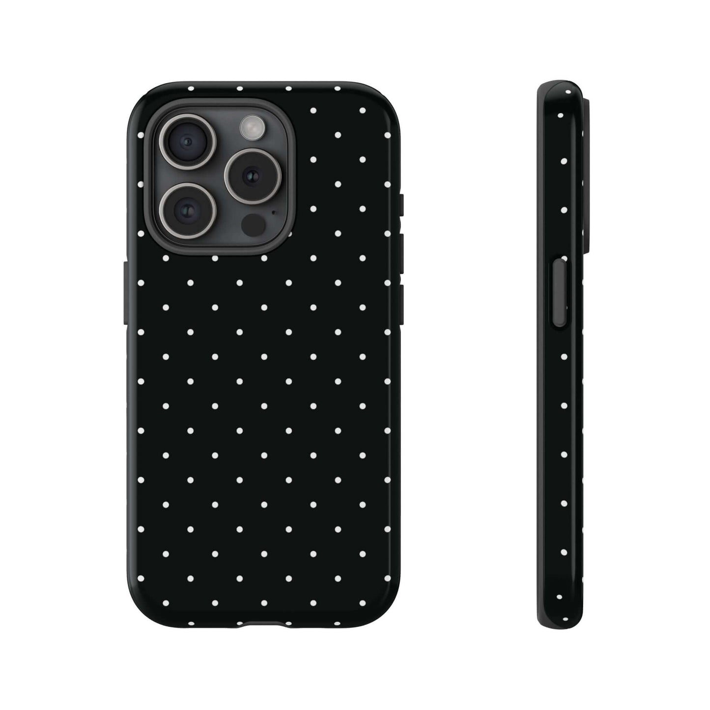 Black chic polka dot iPhone case with minimalist design, featuring elegant white dots on a tough, protective black background.