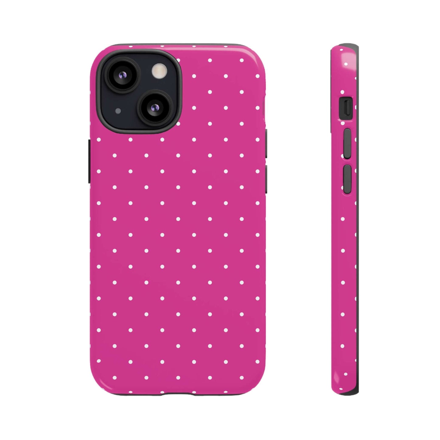 Fuchsia Pink Polka Dot iPhone Case for Women, slim profile, stylish protective cover with white dots, polycarbonate back, TPU bumper